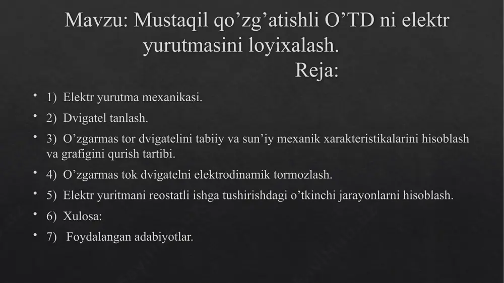 ish qurilmasini olishni, dvigatelni qizishi va yuklanish qobiliyati bo’yicha tekshirishni, ochiq elektr yuritma tizimlarini loyihalashni o’rganadi. dvigatel tanlash ishchi mexanizmining yuklanish diagrammasi mc,nm 420 230 400 200 200 300 100 ωm =90 rad\sek t, sek 600 300 150 60 150 200 60 jm=6 kg*m2 elektr yuritmaning ish rejimi _ davomiy uzatma-pogonali reduktor, ηr=0,96 dvigatel turi – mustaqil qozgatishli o’td dvigatel quvvatini ekvivalent static moment boyicha aniqlash mumkin = = =370,79nm ishchi mexanizm validagi quvvat: pm = mc.ek∙ωm = 370,79*90=33 371 vt elektrodvigatelni hisobiy quvvati: pd = pm / ƞr = 33 371/0,96 =34 761 vt hisobiy quvvat bo’yicha katalogdan tezligi va quvvati yaqin bo’lgan dvigatel olinadi: ωh> ωm =157 >90 , ph ≥ pd =38 000 ≥34 761 dvigatel tipi –dp 52 nominal quvvati ph = 38 kvt; nominal aylanish tezligi nh = 1020 ayl/min; nominal toki ih = 193 a; siltash moment gd2 = 2,6 kg∙m2 mexanizmni yuklanish diagrammasi. …