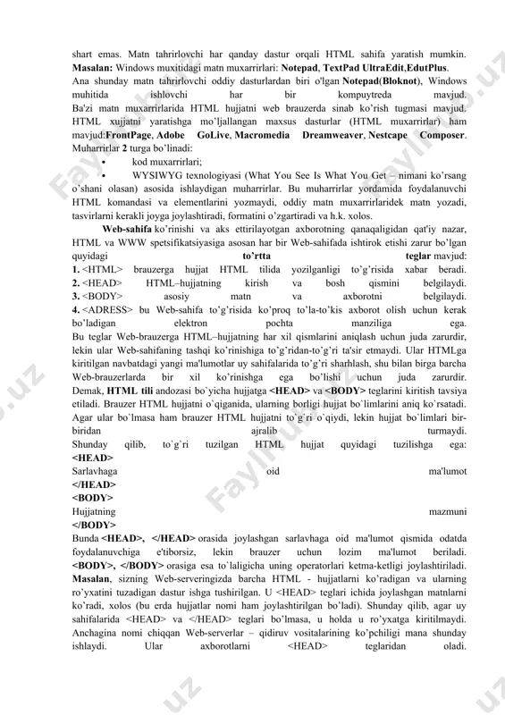 ritamiz. keling, endi html – hujjat yozishni boshlashda ishlatiladigan teg to’g’risida so’z yuritsak.html - hujjatini yozishni boshlashda ishlatiladigan birinchi teg bu tegidir. u har doim hujjat yozuvining boshida bo’lishi lozim. yakunlovchi teg esa shakliga ega bo’lishi kerak. bu teglar, ular orasida joylashgan yozuvning hammasi butun bir html-hujjatini anglatishi bildiradi. aslida esa hujjat oddiy matnli ascii-faylidir. bu teglarsiz brauzer hujjati formatini aniqlab, tarjima qila olmaydi. ko’pincha bu teg parametrga ega emas. html 4.0 versiyasiga qadar version parametri mavjud edi. html 4.0 da esa version o’rniga parametri paydo bo’ldi. yodga olishimiz lozim, 1997 yil iyun oyida html–standartining 4.0 versiyasi e'lon qilindi va 1997 yil dekabrida rasmiy standartga aylandi. bugun bu qabul qilingan (yuqorida aytib o’tganimizdek) standartlarning eng oxirgisidir. umuman, html hujjat standart hisoblanishi uchun yana prolog (muqaddima) ham kerak. hujjatga qanday ishlov berishiga qarab u o’rnatiladi. prolog quyidagi ko’rinishga ega: prolog bu maxsus ko’rinishga ega bo’lgan yolg’iz teg. bu teg ochuvchi oldida …