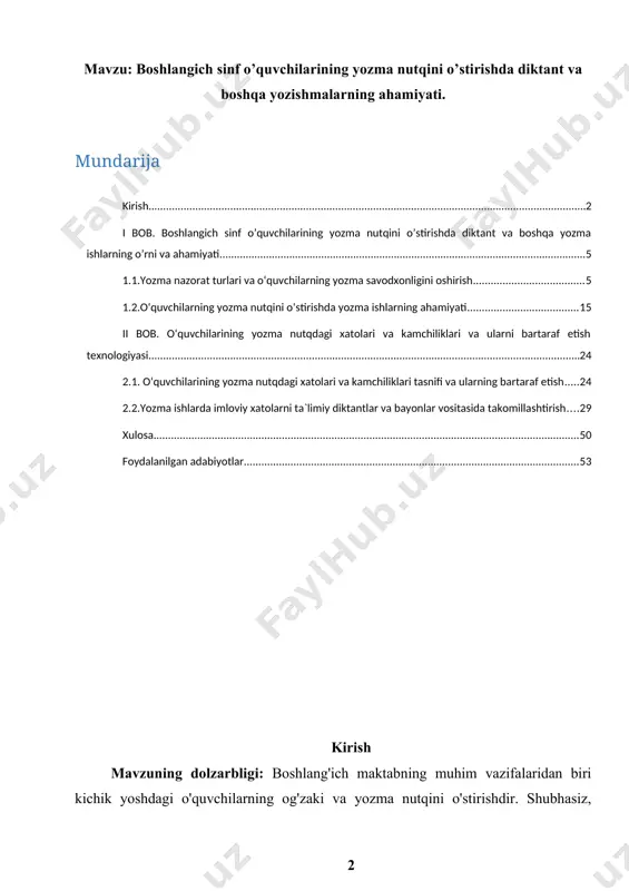 , tabiatdagi o'zgarishlar haqida o'qiganlaridan foydalanib gap tuzish, ayrim parchalarni kitobdan ko'chirib yozish, grammatik tahlil kabi topshiriqlarni bajartirish maqsadga muvofiqdir. ona tilidan ko'zlangan maqsadga erishish uchun: birinchidan, ona tili darsida o'qishdan beriladigan topshiriq oldindan tayyorgarlik ko'rib, puxta o'ylab, so'ng berilishi; ikkinchidan, ona tili darsida o'tilgan mavzuni mustahkamlashga imkon berishi hisobga olinishi; uchinchidan, topshiriq (misol qaysi asardan olingan bo'lsa) berilgan asar g'oyasini yana ham mustahkamlashga yorlashishini hisobga olish kerak. ma'lumki, grammatik bilim tilni ongli egallashni va savodli yozish malakasini shakllantirishning asosi hisoblanadi. shuning uchun ham o'quvchilarning grammatikadan olgan bilimlari to'g'ri yozuv malakalarini shakllantirish bilan birga olib boriladi. to'g'ri yozuv malakasini rivojlantirishda imloviy mashq turlari: grammatik imloviy tahlil, matnni ko'chirib yozish, ta'limiy diktant va bayondan mashq sifatida foydalanish maqsadga muvofiqdir. imloviy mashqlarni amalga oshirishda ona tili darsligi sahifalarida berilgan mashqlardan foydalanish bilan birga boshqa materiallardan foydalanish yaxshi natija beradi. chunki o'quvchilar yangi materialga qiziqish bilan kirishadilar, o'ylashga, fikrlashga harakat qiladilar. kurs ishining …