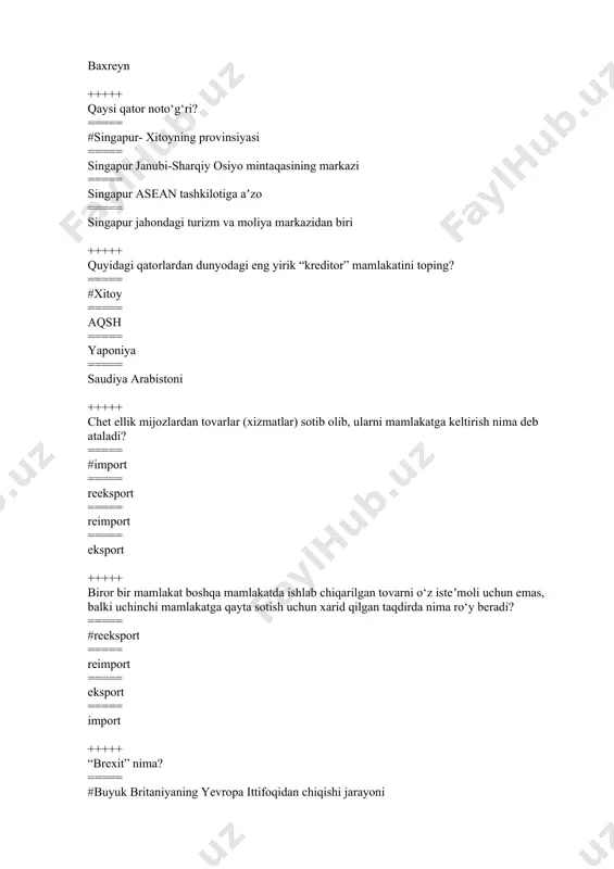 varlariga o‘rnatilgan tashqi iqtisodiy faoliyatni davlat tomonidan tartibga solish ===== aniq bir tovarga nisbatan eksport yoki importni notarif miqdoriy yoki narh shaklidagi erkinlashtirish jarayonidir ===== tashqi savdo operasiyalarini rivojlantirish jarayonidir +++++ jahondagi iqtisodiy “salohiyati” va “qudrati” bo‘yicha eng yetakchi rivojlangan mamlakatni toping? ===== #aqsh ===== yaponiya ===== xitoy ===== rossiya +++++ quyidagi qatorlardan jahon xo‘jaligi atamasiga berilgan tushunchani toping? ===== #jahon xo‘jaligi - milliy xo‘jaliklar va ular o‘rtasidagi munosabatlar majmuidir. ===== jahon xo‘jaligi – milliy iqtisodiyotning rivojlanish modelidir. ===== jahon xo‘jaligi – milliy iqtisodiyotning yillik ishlab chiqarishning o‘sish darajasadir ===== jahon xo‘jaligi –davlatlarning mahsulot ishlab chiqarish yig‘indisidir +++++ jahon xo‘jaligida valyuta zahiralari miqdori bo‘yicha quyidagi qaysi mamlakat 1-o‘rinda turadi? ===== #xitoy ===== yaponiya ===== aqsh ===== saudiya arabistoni +++++ hozirda jahon mamlakatlarining milliy iqtisodiyotlariga kiritilayotgan qaysi sarmoya turining +++++ quyidagi qatorlardan o‘zbekistonda tashkil qilinmagan erkin iqtisodiy xududni toping? ===== #farg‘ona erkin iqtisodiy hududi ===== angren erkin iqtisodiy hududi ===== jizzax …