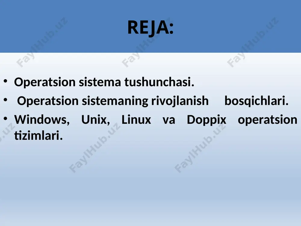 tni o’rnatish, tashqi qurilmalar ishlash holatlarini sozlash va ular bilan muloqotni o’rnatish, har xil dasturlarni ishga tushirish va ular ishlash holatlarini ta’minlash. windows operatsion tizimi “window” so’zi ingliz tilida “deraza, darcha, oyna, tuynuk” degan ma’noni anglatadi va bu nomda windowsda bir vaqtda bir nechta dasturlar ekrandagi o’z oynalarida bir-biridan mustaqil ravishda ishlay olishiga urg’u berilgan. bu esa, bundan 23 yil oldin, windows operatsion tizimi yaratilgan paytda kompyuterlarda uning barcha resurslari bitta dastur tomonidan butunlay egallab olinadigan boshqa operatsion tizimlarga nisbatan oldinga tashlangan ulkan qadam edi. windows оpеrаsiоn tizimining vеrsiyalаring tа'riflаri vеrsiyasining nоmi chiqаrish yili tаlаb qilinаdigаn хоtirа hаjmi, mbаytdа оpеrаtiv хоtirаni qаttiq mаgnit disklаgi bo'sh tаshqi хоtirаni windows 3.1. 1991 4-8 20-35 windows 3.11 1992 4-8 20-35 windows 95 1995 8-12 30-85 windows nt 1996 16-32 90-120 windows 98 1998 16-24 100 dаn оrtiq windows 2000 2000 64 600-650 windows хr 2003 128 dаn kаm emаs 1,5 gbаyt windows vista …