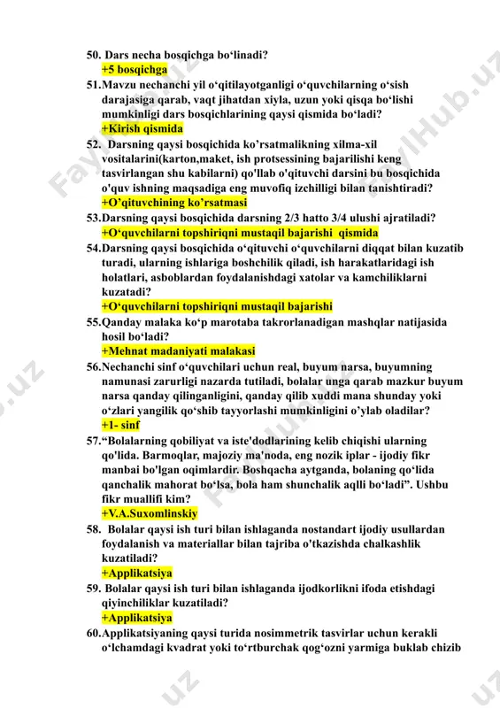 bajarishi 55. qanday malaka ko‘p marotaba takrorlanadigan mashqlar natijasida hosil bo‘ladi? +mehnat madaniyati malakasi 56. nechanchi sinf o‘quvchilari uchun real, buyum narsa, buyumning namunasi zarurligi nazarda tutiladi, bolalar unga qarab mazkur buyum narsa qanday qilinganligini, qanday qilib xuddi mana shunday yoki o‘zlari yangilik qo‘shib tayyorlashi mumkinligini o’ylab oladilar? +1- sinf 57. “bolalarning qobiliyat va iste'dodlarining kelib chiqishi ularning qo'lida. barmoqlar, majoziy ma'noda, eng nozik iplar - ijodiy fikr manbai bo'lgan oqimlardir. boshqacha aytganda, bolaning qo‘lida qanchalik mahorat bo‘lsa, bola ham shunchalik aqlli bo‘ladi”. ushbu fikr muallifi kim? +v.a.suxomlinskiy 58. bolalar qaysi ish turi bilan ishlaganda nostandart ijodiy usullardan foydalanish va materiallar bilan tajriba o'tkazishda chalkashlik kuzatiladi? +applikatsiya 59. bolalar qaysi ish turi bilan ishlaganda ijodkorlikni ifoda etishdagi qiyinchiliklar kuzatiladi? +applikatsiya 60. applikatsiyaning qaysi turida nosimmetrik tasvirlar uchun kerakli o‘lchamdagi kvadrat yoki to‘rtburchak qog‘ozni yarmiga buklab chizib olamiz, uni buklov joyidan ushlab turamiz va tasvirning yarmini kesamiz. +simmetrik applikatsiya 61. applikatsiyaning …