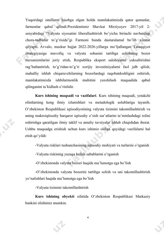 ’lov vositasining qadrsizlanishidan himoya qilish bo’lib, to’lov valyuta kursining o’zgarishi natijasida vujudga keladigan farqni proporsional tarzda to’lab berish haqidagi kelishuvdir. valyuta riski deganda, tashqi iqtisodiy faoliyat jarayonida ayirboshlash kurslarining o’zgarishidan yoki boshqa turli valyuta operatsiyalarini amalga oshirilishida yuzaga kelishi mumkin bo’lgan yo’qotishlar (yoki daromad olish) tushuniladi. valyuta riski xalqaro korxonalar va bank muassasalari tashkil etish hamda ularning faoliyatini diversifikatsiyalash bilan bog’liq bo’lib, valyuta kurslari tebranishlari natijasida moliyaviy yo’qotishlar yuzaga kelish ehtimolini yuzaga kelish ehtimolini o’zida aks ettiradi. bunda valyuta kurslarining o’zgarishi naqd pul oqimlarining doimiy ravishda mamlakatdan mamlakatga ko’chishi, valyutaning ichki qiymati o’zgarishi, spekulyatsiya kabi omillar ta’sirida sodir bo’ladi. valyuta riskini uch turga ajratish mumkin: 1.operatsion valyuta riski 2.translyatsion valyuta riski 3.iqtisodiy valyuta riski operatsion valyuta riski. operatsion risk asosan savdo operatsiyalari, shuningdek, dividend to’lovlari va moliyaviy investitsiyalash bo’yicha pulli shartnomalar bilan bog’liq holda yuzaga keladi.operatsion risk pul mablag’lari harakatida yuzaga kelgan holda foyda darajasiga bevosita salbiy ta’sir ko’rsatadi. bu …