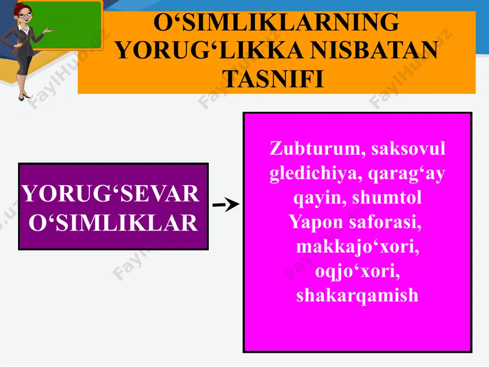 uqlikda yashovchilar, sudralib yuruvchilar qushlar, sutemizuvchilar o‘simliklarda haroratning o‘zgarishiga moslanishlar fiziologik moslanishlar biokimyoviy moslanishlar morfologik moslanishlar sitoplazmada organik kislota, tuz konsentratsiyasi ortadi suv bug‘lanishi kamayadi, tinim davriga o‘tadi, anabioz barg sirtining tukchalar bilan qoplanishi, tikanga aylanishi hayvonlarda haroratning o‘zgarishiga moslanishlar biokimyoviy moslanishlar fiziologik moslanishlar baliqlarda glikoproteinlar, hasharotlarda glitserin to‘planadi issiqlik ajralish darajasi o‘zgaradi, qon tomirlar kengayishi yoki torayishi, sovuqda muskullarning qisqarishi, qishki uyquga ketishi hayvonlarda haroratning o‘zgarishiga moslanishlar etologik moslanishlar morfologik moslanishlar qulay yashash joy tanlashi, migratsiya qilishi, uya qurishi tananing tangachalar, patlar, qalin jun bilan qoplanganligi, bilimingizni sinab ko‘ring o‘simliklardagi muhit haroratiga nisbatan hosil bo‘lgan moslanish tiplari va misollari o‘rtasidagi muvofiqlikni aniqlang. moslanish tiplari: a) biokimyoviy; b) fiziologik. moslanishlarga misollar: 1) sovuqqa chidamli o‘simlik lar hujayralari sitoplazmasida uglevod miqdorining ortishi; 2) cho‘l va chala cho‘l o‘simliklarida vegetat siya davrining qisqa bo‘lishi; 3) organizmlarning anabioz holatiga o‘tishi; 4) transpiratsiyaning kucha yishi; 5) hujayra sitoplazmasida organik kislotalar, tuz miqdorining ortishi. javobingizni …