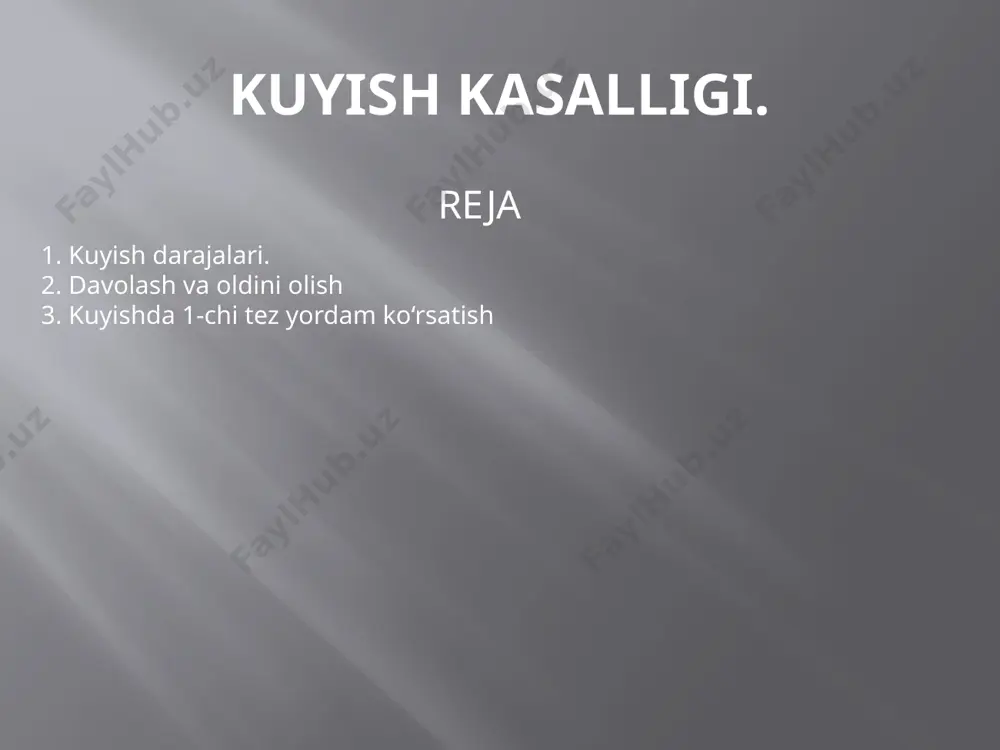 bab bo‘lishi mumkin. 🔹 shifokor maslahati bilan antibiotikli malhamlar (masalan, "panthenol", "bepanten", "levomekol") qo‘llash mumkin. 3-darajali kuyishlarda zudlik bilan tez yordam chaqirish lozim! ⚠️ nima qilish mumkin emas? ❌ kuygan joyga moy yoki tish pastasi surish mumkin emas. ❌ qaynoq joyni muz bilan sovutish mumkin emas. ❌ infektsiyani oldini olish uchun steril bog‘lov qo‘yish shart. maxsus kuyish turlari va ularning davosi 🔸 kimyoviy kuyish – kislotali yoki ishqoriy moddalar bilan shikastlanish. zudlik bilan suv bilan yuvish va neytrallovchi vositalar qo‘llash (masalan, kislotalar uchun soda eritmasi, ishqorlar uchun sirka eritmasi). 🔸 elektr toki ta’siridan kuyish ichki to‘qimalar shikastlanishi mumkin, shuning uchun darhol shifokorga murojaat qilish kerak. 🔸 quyosh nurlari bilan kuyish aloe vera, panthenol kabi tinchlantiruvchi kremlar va ko‘p suyuqlik ichish tavsiya etiladi. kuyish belgilari shok; rangparlik; tez nafas olish; tezlashgan yurak urishi; xushdan ketish; kuchli og'riq; terining qizarishi; terida pufakchalar; diagnostikasi diagnostika kuyishlarni tashxislash va darajasini aniqlash uchun ular jarroh …