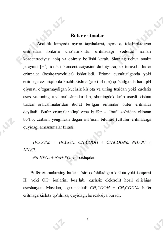 naoh - 0,28 рн birligi kimyoviy analizda ishlatiladigan bufer eritmalarning ph qiymatini nazariy hisoblash mumkin. kuchsiz kislota va uning tuzi aralashmasidan iborat bufer eritmadagi [h+] - ionlarining konsentrasiyasi ( 1 ) formula bilan hisoblanadi. bu tenglama logarifmlab olinsa, shu eritmada vodorod ko’rsatkichini hisoblash formulasi kelib chiqadi: ( 2 ) kuchsiz asos va uning tuzi eritmasi uchun eritmaning poh, ph - qiymatlari quyidagicha hisoblanadi: bufer eritmalar kimyoviy analizda keng ishlatiladi, ayniqsa, reaksiyani aniq bir ph qiymatida olib borishda. masalan: 1) ammiakli bufer eritma (nh4oh + nh4cl, ph = 9,2) ii guruh kationlarini guruh reagenti ta`sirida cho’ktirishda; 2) ba2+, sr2+, ca2+ ionlarini mg2+ ionidan ajratishda; 3) ba2+ ionini ионини k2cr2o7 bilan cho’ktirishda ; 4) iii guruh kationlarini cho’ktirishda va al3+, cr3+ ionlarini gidroksidlar ko’rinishida ajratishda; 5) formiatli bufer eritma (hcooh + hcoona ph ( 2). zn2+ ionini co2+, ni2+, mn2+, fe2+, fe3+, al3+, cr3+ ionlari bilan birgalikda sulfidlar holida cho’ktirib, ajratishda; 6) …