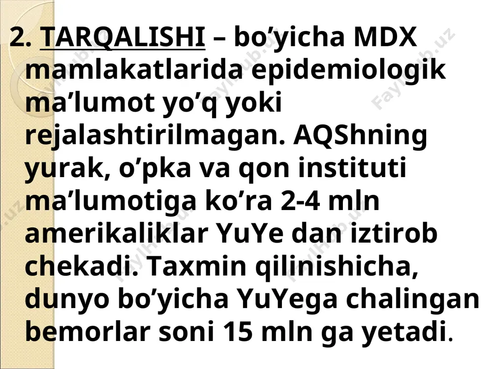 rini fizik yuklama hajmi bilan solishtirish (qiyoslash) orqali yuzaga kelishiga asoslangan. turli guruh pasientlarining yoki biror kasalni dinamikada, hamda davo o’tkazilganda qiyoslash uchun qulaylik beradi. bunda bemorning xolati funksional sinf (klass)larga bo’linadi nyha bo’yicha tasnif: i fs – fizik faollik chegaralanmagan: odamdagi (kundalik) fizik yuklama behollik, charchash, hansirash yoki yurak urishini chaqirmaydi (simptomsiz chap qorincha disfunksiyasi). ii fs – fizik faollik o’rtacha chegaralangan. tinch xolatda bemorda hech qanday patologik simptomlar namoyon bo’lmaydi. insondagi fizik faollik: charchash, yurak urishi, hansirash yoki og’riqni yuzaga keltiradi nyha bo’yicha tasnif: iii fs – fizik faollik yaqqol chegaralanadi: garchi pasient tinch xolatda o’zini yaxshi his qilsada, oz miqdordagi fizik zo’riqish yuye ning klinik belgilarini yuzaga keltiradi. iv fs – har qanday fizik faollik diskomfort belgilarini yuzaga keltiradi: yuye belgilari tinch xolatda ham sodir bo’ladi va arzimagan kichik fizik faollikda ular kuchayadi. a. o’tkir yurak yetishmovchiligi – chap qorincha yetishmovchiligi ko’rinishida yurak astmasi xuruji bilan namoyon …
