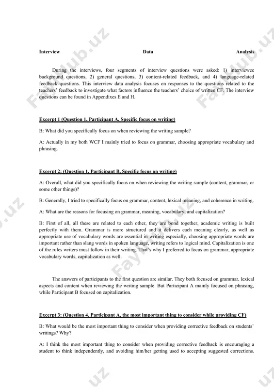 indirect cf indicating + locating error 5(14.7 %) indication only metalinguistic cf use of error code brief grammatical description 4(11 %) reformulation content writing style in total 34 participant b mostly utilized direct corrective feedback and metalinguistic explanations. as in appendix f, they involve grammar (highlighted with red color), meaning/content/structure (highlighted with blue color), capitalization (dark blue color), and vocabulary (provided in black color). among these four distinctions, grammar-related errors accounted for 38 % (13 out of 34 errors), vocabulary-related corrective feedback (23 %), and the remaining capitalization and meaning-related cf accounted for 39 % together. for instance, in the sentence “in the field of foreign language learning, language motivation may be the key to improving their learning ability and desire.” participant b added the indefinite article “a” before the words “language motivation”, then changed “the” article into “a” before the word “key”, and in the word “improving” she deleted …