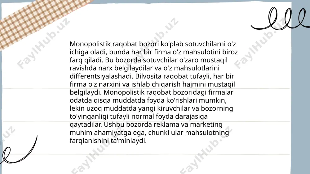 sof raqobat, oligapoliya, monipolistik raqobat va sof manopoliya sharoitida ishlab chiqarish hajmi va narxning shakillanishi - Page 5