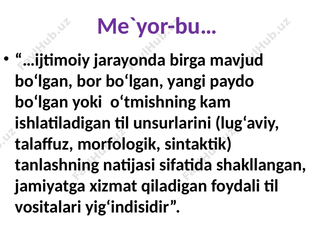 ishlatiladi. paxtali chopon o‘rnida paxtalik chopon. 7. imloviy me`yorlar (orfografik). bu me`yor so‘zlarning to‘g‘ri, xatosiz yozilishiga asoslanadi. imlo me'yorlari, ya'ni to'g'ri yozish me'yorlari nutqiy savodxonlikni belgilovchi asosiy mezon sanaladi. bu me'yorlarning amal qilishi maxsus imlo qoidalari bilan tasdiqlanadi. lotin yozuviga asoslangan o'zbek alifbosi asosidagi yozuv me'yorlari o'zbekiston respublikasi vazirlar mahkamasi tomonidan 1995-yil 24-avgustda tasdiqlangan «o'zbek tilining asosiy imlo qoidalari»ga tayanadi. 8. grafik (yozuv) me`yorlari hozirgi yozuvimiz lotin alifbosiga asoslangan bo‘lib, 26 ta harf, 3 ta harf birikmasi va 1 ta tutuq belgisidan iborat. s yoki k harflari o’rnida c ni ishlatish xato sanaladi. 9. punktuatsion me`yorlar bu me`yor 10 ta tinish belgisi asosida ish yuritadi (nuqta, vergul, ikki nuqta, nuqtali vergul, tire, undov belgisi, so‘roq belgisi, ko‘p nuqta, qo‘shtirnoq, qavs) 10. uslubiy me`yor nutq sharoitiga qarab til birliklarining eng ma`qulini qo‘llash adabiy tilning uslubiy me`yori hisoblanadi. sinonimlardan noto‘g‘ri foydalanish, so‘z takrori, ayrim eskirgan so‘zlarni qo‘llash nutqni uslubiy jihatdan buzadi. diqqat! …