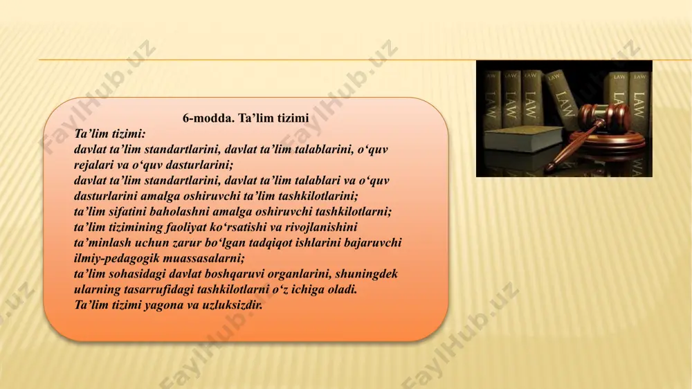 m olish (kunduzgi); ishlab chiqarishdan ajralmagan holda ta’lim olish (sirtqi, kechki, masofaviy); dual ta’lim; oilada ta’lim olish va mustaqil ta’lim olish; katta yoshdagilarni o‘qitish va ularga ta’lim berish; inklyuziv ta’lim; eksternat tartibidagi ta’lim; mudofaa, xavfsizlik va huquqni muhofaza qilish faoliyati sohasida kadrlar tayyorlash. 16-modda. masofaviy ta’lim masofaviy ta’lim o‘quv rejalari va o‘quv dasturlariga muvofiq ta’lim oluvchilar tomonidan zarur bilim, malaka va ko‘nikmalarni axborot-kommunikatsiya texnologiyalaridan hamda internet jahon axborot tarmog‘idan foydalangan holda masofadan turib olishga qaratilgan. masofaviy ta’limni tashkil etish tartibi o‘zbekiston respublikasi vazirlar mahkamasi tomonidan belgilanadi. 17-modda. dual ta’lim dual ta’lim ta’lim oluvchilar tomonidan zarur bilim, malaka va ko‘nikmalarni olishga qaratilgan bo‘lib, ularning nazariy qismi ta’lim tashkiloti negizida, amaliy qismi esa ta’lim oluvchining ish joyida amalga oshiriladi. dual ta’limni tashkil etish tartibi o‘zbekiston respublikasi vazirlar mahkamasi tomonidan belgilanadi. qonunga muvofiq ta’lim tizimini quyidagi organlar boshqaradi: -o‘zbekiston respublikasi vazirlar mahkamasining -o‘zbekiston respublikasi vazirlar mahkamasi huzuridagi ta’lim sifatini nazorat qilish davlat inspeksiyasi …