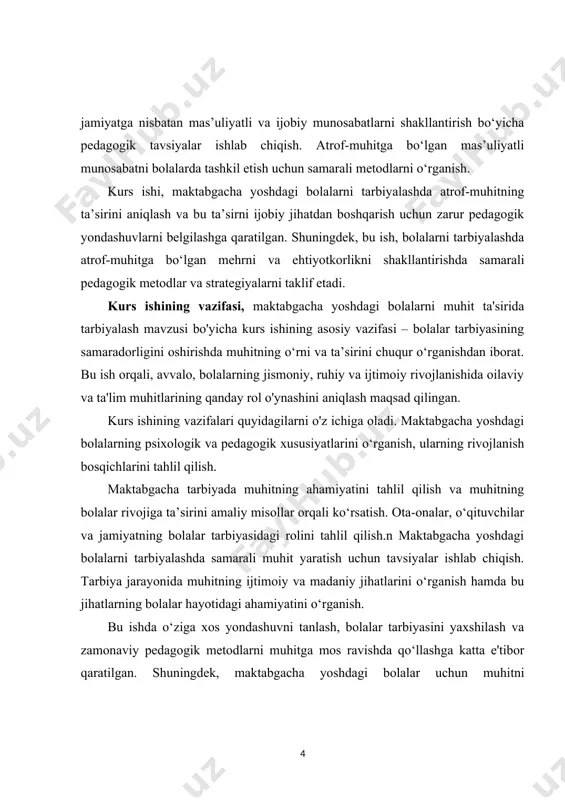 hitning ahamiyatini tahlil qilish va muhitning bolalar rivojiga ta’sirini amaliy misollar orqali ko‘rsatish. ota-onalar, o‘qituvchilar va jamiyatning bolalar tarbiyasidagi rolini tahlil qilish.n maktabgacha yoshdagi bolalarni tarbiyalashda samarali muhit yaratish uchun tavsiyalar ishlab chiqish. tarbiya jarayonida muhitning ijtimoiy va madaniy jihatlarini o‘rganish hamda bu jihatlarning bolalar hayotidagi ahamiyatini o‘rganish. bu ishda o‘ziga xos yondashuvni tanlash, bolalar tarbiyasini yaxshilash va zamonaviy pedagogik metodlarni muhitga mos ravishda qo‘llashga katta e'tibor qaratilgan. shuningdek, maktabgacha yoshdagi bolalar uchun muhitni shakllantirishda ilmiy va amaliy yondashuvlarni tadqiq qilish kurs ishining asosiy maqsadiga muvofiq ravishda ishlab chiqilgan. kurs ishining tarkibiy tuzilmasi — bu mavzuni tizimli ravishda o‘rganish va aniq bir ilmiy natijaga erishish uchun kerakli bo‘lgan bo‘limlar va qismlardan tashkil topgan struktura. "maktabgacha yoshdagi bolalarni muhit ta'sirida tarbiyalash" mavzusi bo‘yicha kurs ishining tarkibi bolalar tarbiyasining asosiy nazariy va amaliy jihatlarini chuqur yoritish uchun ishlab chiqiladi. 1. kirish qismida, mavzuning dolzarbligi, maqsadi, vazifalari va umumiy izohi beriladi. bu bo‘limda …