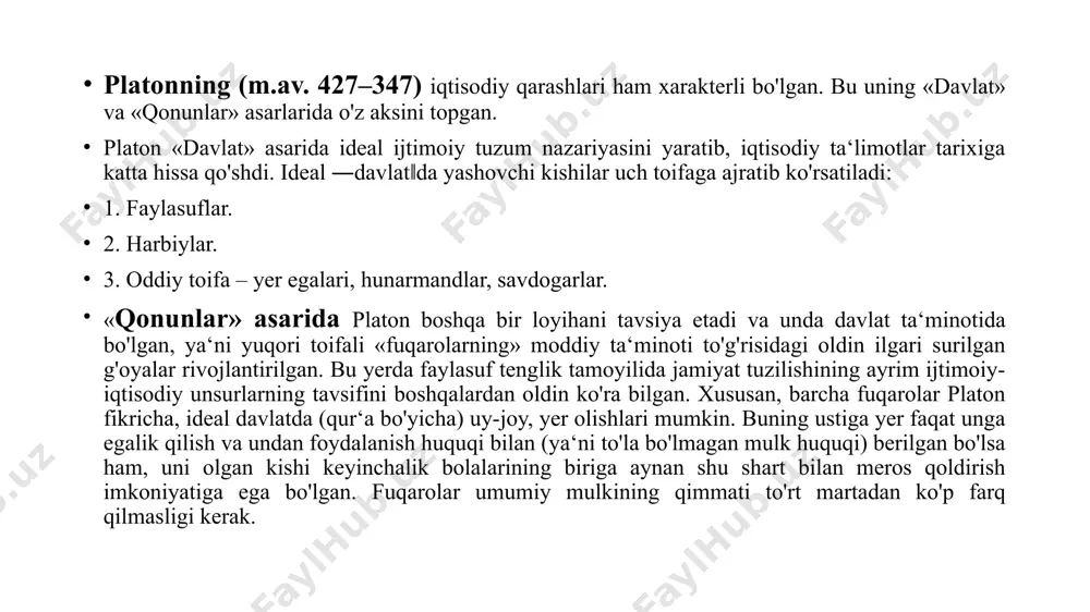 cho'zishga ruxsat berilgan (qo'shimcha foiz to'lovisiz). xammurapi qonunlarida sudxo'rlar o'z holicha, qarzdorlarning ruxsatisiz qarz evaziga ularning hosilini tortib olishi man etilgan. xammurapi kodeksida 1. sudxo'rlikning keng rivojlanishiga to'sqinlik qiluvchi asosiy omillardan biri qarzdorlik uchun qullik muhlatining uch yil bilan cheklanishidir (to'rtinchi yili unga erkinlik berilishi lozim bo'lgan). biroq sudxo'rlikka qarshi qonunchilikda izchillik bo'lmagan. xususan, qarzdorni ozod etishda uni ishlab chiqarish yoki yashash vositalari bilan ta‘minlash nazarda tutilmagan. hech qanday vositasi bo'lmagach, ozod etilgan qarzdor yana qaytib sudxo'rga murojaat qilishga majbur bo'lgan. 2. xammurapi qonunlarida yollanma munosabatlarni tartibga solishga katta e‘tibor berilgan. uning juda ko'p turdagi shakllari ko'rib chiqilgan bo'lib, hatto yollanma mehnat uchun to'lov miqdori ham aniq qilib ko'rsatib berilgan. 3.asosiy maqsad ishlab chiqarishni, birinchi navbatda, qishloq xo'jaligini rivojlantirishni qo'llab-quvvatlash, mehnatsiz daromad topishga qarshi kurashish bo'lgan. umuman, xususiy mulkchilik, shu jumladan, yerga bo'lgan xususiy mulkchilik tan olingan. birovning xususiy mulkiga ko'z olaytirgan, unga zarar yetkazganlar iqtisodiy jihatdan jazolangan. shunday qilib, …