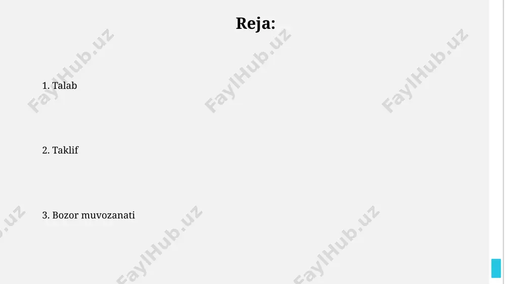 taklifning elastikligi taklifning elastikligi vaqt omiliga bog'liq; uzoq muddatda taklif elastikligi qisqa muddatga nisbatan yuqori bo'ladi, chunki ishlab chiqaruvchilarga moslashish uchun ko'proq vaqt beriladi. agar taklif elastikligi 1 dan katta bo'lsa, narxning 1% o'zgarishiga taklif miqdori 1% dan ko'proq o'zgarsa, bu yuqori elastiklik demakdir. masalan, 2 ga teng elastiklik. muvozanat narxi va miqdori muvozanat nuqtasida iste'molchilarning to'lashga tayyorligi va ishlab chiqaruvchilarning sotishga tayyorligi 2000 so'mlik umumiy foyda keltiradi, bu erda muvozanat miqdori 500 birlik. agar taklif egri chizig'i chapga siljisa, ya'ni taklif kamaysa, muvozanat narxi 7 so'mga, muvozanat miqdori esa 800 birlikka tushadi. talab va taklifning o'zgarishi agar taklif egri chizig'i chapga siljisa va talab egri chizig'i o'zgarishsiz qolsa, bu mahsulotning kamroq miqdorda ishlab chiqarilishi va yuqori narxga olib keladi. talabning 15% ga oshishi va taklifning 10% ga kamayishi narxning 25% ga o'sishiga olib kelishi mumkin, bu esa bozor muvozanatining o'zgarishini ko'rsatadi. bozor mexanizmining ahamiyati bozor mexanizmi, 2 ga yaqin …