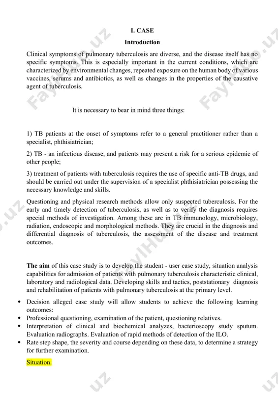 under the supervision of a specialist phthisiatrician possessing the necessary knowledge and skills. questioning and physical research methods allow only suspected tuberculosis. for the early and timely detection of tuberculosis, as well as to verify the diagnosis requires special methods of investigation. among these are in tb immunology, microbiology, radiation, endoscopic and morphological methods. they are crucial in the diagnosis and differential diagnosis of tuberculosis, the assessment of the disease and treatment outcomes. the aim of this case study is to develop the student - user case study, situation analysis capabilities for admission of patients with pulmonary tuberculosis characteristic clinical, laboratory and radiological data. developing skills and tactics, poststationary diagnosis and rehabilitation of patients with pulmonary tuberculosis at the primary level. · decision alleged case study will allow students to achieve the following learning outcomes: · professional questioning, examination of the patient, questioning relatives. · interpretation of clinical and biochemical …