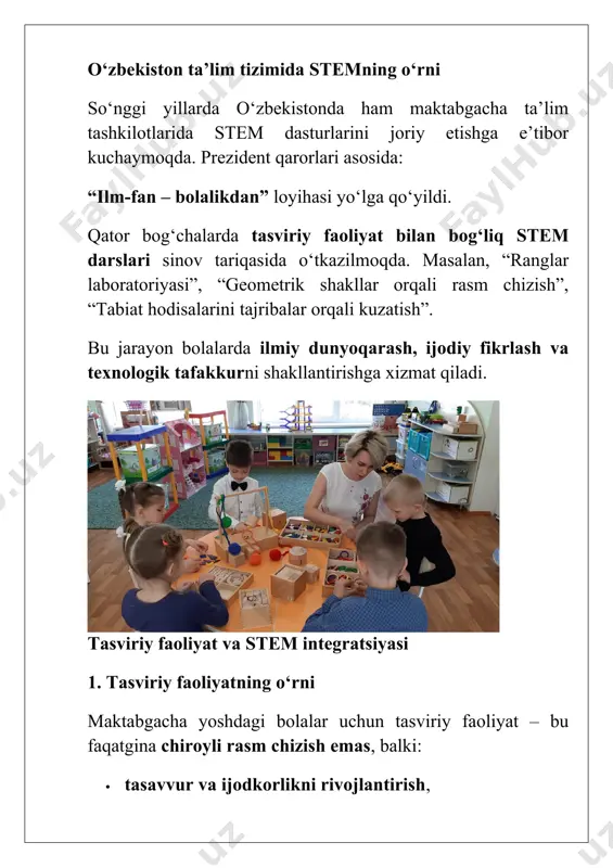 ‘proq ijodkorlik ko‘rsatgan. integratsiyaning tarbiyaviy ahamiyati stem asosida tasviriy faoliyat bolaga: atrof-muhitni chuqurroq anglash – rasm orqali fanlarni tushunish imkonini beradi. ijodiy va mantiqiy fikrlashni uyg‘unlashtirish – san’at va matematika uyg‘unligi. o‘z fikrini ifoda qilish – bolalar o‘z rasmlarida tajriba natijasini aks ettiradi. texnologik tafakkur – yangi texnologiyalar orqali ijod qilishga odatlanadi. kelajak kasblariga tayyorgarlik – bolalarda injenerlik va dizayn ko‘nikmalari erta shakllanadi. qiziqarli fakt: italiyaning reggio emilia maktabgacha ta’lim metodikasida “bola – kichik ilmiy rassom” tamoyili mavjud. unga ko‘ra, bola rasm chizish orqali fanlarni tushunadi va ijodiy izlanadi. amaliy mashg‘ulotlar va qiziqarli tajribalar maktabgacha ta’lim tashkilotlarida stem yondashuvi asosida o‘tkaziladigan mashg‘ulotlarning eng muhim jihati shundaki, bolalar bilimlarni tayyor holda emas, balki mustaqil izlanish va tajriba orqali o‘zlashtiradilar. bu esa ularning tafakkurini rivojlantiradi, ijodkorligini oshiradi hamda o‘zlashtirilgan bilimlarni kundalik hayotda qo‘llash imkonini beradi. ayniqsa tasviriy faoliyat bilan bog‘langan mashg‘ulotlar bolalar uchun qiziqarli va samarali bo‘ladi. ranglar va shakllar bilan tajribalar …