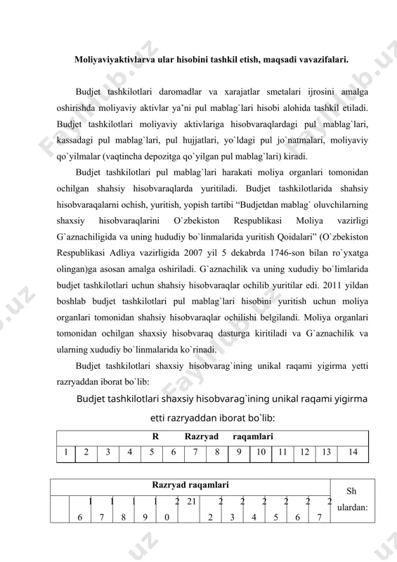 23 24 25 26 27 1-6 gacha razryadlar - tasdiqlangan mablag`larning manbalari va budjet darajasi tasnifiga muvofiq mablag`larning manbalar kodi va budjet darajasi; 7-9 gacha razryadlar - tasdiqlangan valyutalar klassifikatoriga muvofiq valyuta kodi; 10-14 gacha razryadlar - tasdiqlangan hududlar tasnifiga muvofiq hududiy tegishlilik kodi; 15-24 gacha razryadlar - budjetdan mablag` oluvchilar bo`yicha budjet tasnifining tegishli ko`rsatkichlari kodlari, bunda: 15-21 gacha razryadlar - xarajatlarning vazifa jihatdan tasnifining tegishli kodi; 22-24 gacha razryadlar - tashkiliy tasnifning tegishli kodi; 25-27 gacha razryadlar - budjetdan mablag` oluvchilarning shaxsiy hisobvaraq raqami kodi. budjet tashkilotlarida pul mablag`lari hisobi budjet (budjet tomonidan muassasa xarajatlarini va boshqa tadbirlarni moliyalashtirish uchun ajratilgan) va budjetdan tashqari (ta’lim muassasalarida o`qitishning to`lov kontrakt shakli, rivojlantirish jamg`armasi, boshqa mahsus mablag`lar, budjetdan tashqari pensiya jamg`armasi mablag`lari hisobidan budjet tashkilotlari xodimlarining ijtimoiy to`lovlarini qoplash uchun kelib tushgan, chet el valyutasidagi) bo`yicha yuritiladi. budjet tashkilotlari davlat budjeti g`azna ijrosiga o`tishi munosabati bilan hizmat ko`rsatuvchi banklarda ochilgan …