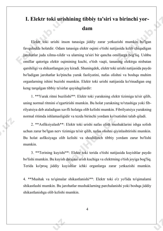 trening, elektr toki urishi bilan bog'liq favqulodda vaziyatlarda zaruriy harakatlarni amalga oshirishda muhim rol o'ynaydi. bu jarayon insonning hayotini saqlab qolish uchun zarur bo'lgan bilim va ko'nikmalarni rivojlantirishga qaratilgan. elektr toki urishidagi birinchi yordam ko'rsatish jarayonida, tayyorgarlik va treningning asosiy maqsadi, shoshilinch vaziyatlarda to'g'ri va samarali harakat qilishga qodir bo'lishdir. birinchi yordam ko'rsatish uchun tayyorgarlikning birinchi bosqichi, muhim nazariy bilimlarni o'z ichiga oladi. bu bilimlar elektr toki urishining qanday sodir bo'lishi, uning belgilari, shuningdek, qanday qilib zaruriy birinchi yordam ko'rsatish kerakligi haqida ma'lumotlarni o'z ichiga oladi. elektr toki urishi, odatda, yuqori kuchlanishli elektr zanjirlariga bexosdan tegish yoki noto'g'ri o'rnatilgan elektr jihozlaridan kelib chiqadi. ushbu jarayonlarda sodir bo'ladigan jarohatlar, yurak faoliyatining to'xtashi yoki nafas olishning to'siqlanishi kabi jiddiy oqibatlarga olib kelishi mumkin. shuning uchun, tayyorgarlik jarayonida bu holatlar haqida to'liq tushuncha hosil qilish juda muhimdir. birinchi yordam ko'rsatish uchun tayyorgarlikning ikkinchi bosqichi amaliy ko'nikmalarni rivojlantirishga qaratilgan. bunga, jarohatlangan shaxsga qanday qilib …
