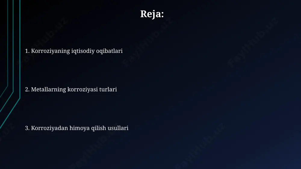 myoviy yoki elektrokimiyaviy reaksiyalar natijasida asta-sekin buzilish jarayonidir, bu jarayon yiliga dunyo bo'ylab 2-3 trillion dollar iqtisodiy zarar keltiradi. korroziyani oldini olish usullari korroziyani oldini olishning samarali usullaridan biri – metall sirtlarini 25-30 mikron qalinlikdagi sink qatlami bilan galvanizatsiya qilishdir. bu usul rossiya va markaziy osiyo mamlakatlarida keng qo‘llaniladi. korroziya jarayonini sekinlashtirish uchun, ph darajasi 7-8 bo‘lgan, maxsus inhibitörlar qo‘shilgan ishqorli eritmalardan foydalanish mumkin. bu usul, ayniqsa, aqshning neft-gaz sanoatida qo‘llaniladi. korroziya turlari atmosfera korroziyasi turli geografik hududlarda, masalan, sirdaryo viloyatida, havoda mavjud bo'lgan so2 va boshqa ifloslantiruvchi moddalar miqdoriga qarab, 20% gacha farq qilishi mumkin. elektrokimyoviy korroziya, masalan, po'lat quvurlarni yer osti suvlariga ko'mganida kuzatiladi, tuproqning ph darajasi 5 dan kam bo'lganda korroziya jarayoni 1,5 marta tezlashadi. korroziyaga ta'sir etuvchi omillar temirning korroziyasi darajasi 25°c dan yuqori haroratlarda 10 barobar tezlashadi, shuning uchun issiq va nam iqlim sharoiti, masalan, janubiy osiyo mamlakatlarida korroziya jarayoniga kuchli ta'sir ko'rsatadi. ph darajasi …