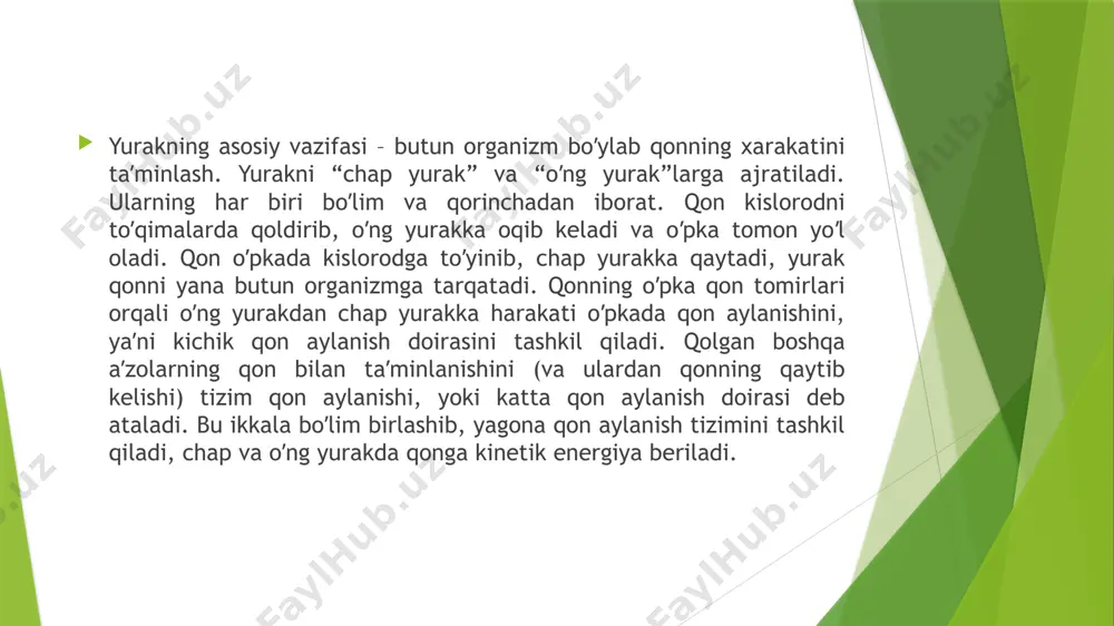 mi yuqori darajali chuvalchanglarda kuzatilgan. bu tizimda harakatlanayotgan qon hujayralargacha yetib bormaydi, toʼqimalar limfa bilan yuviladi. yopiq qon aylanish tizimlari qorin va yelka tomirlaridan tashkil topgan, asosan yelka tomirlar qismini pulsi sezilarli boʼladi. lantsetnikda yurak rolini pulslanuvchi qorin tomiri bajaradi. past tabaqali umurtqalilarda yuraklar hosil boʼladi. baliqlarda yurak ikki kamerali, amfibiyalarda esa uch kamerali va kichik qon aylanish doirasi rivojlangan. quyi reptiliyalarda toʼrt kamerali yuraklar xuddi oliy darajadagi reptiliylardagi kabi yaxshi rivojlangan. mushakli yurakni hosil boʼlishida arterial tizimni – venoz tizimi bilan bogʼlovchi, yaʼni yurak qorinchalarida rivojlanuvchi bosim qarshiligi keskin ortuvchi kapillyarlarni yuzaga kelishi asosiy rolni oʼynaydi. parranda va sut emizuvchilarda toʼrt kamerali yuragi toʼligʼicha oʼng va chap qismlarga boʼlingan boʼlib, ular bir-biri bilan faqat katta va kichik qon aylanish doiralari qon tomirlari orqali aloqada boʼladi. odamlar va sut emizuvchi hayvonlarning qon tashuvchi tizimi nisbatan yopiq. kapillyarlar devorlari suv va unda erigan moddalarni oʼtkazadi. ular orqali alveolyar va kapillyarlarning epitelial …