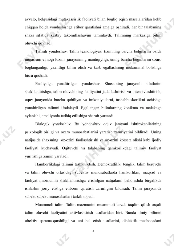y faoliyatga ularni ijodiy tarzda qollashni taminlaydi. muammoli savol, vazifa, topshiriq va vaziyatlar yaratish va ularga echim topish jarayonida ongli, ijodiy, mutsaqil fikrlashga orgatiladi. axborotni taqdim qilishning zamonaviy vositalari va usullarni qollash- hozirgi axborot kommunikatsiya texnologiya vositalari kuchli rivojlangan sharoitda ulardan toqri va samarali foydalanish, axborotlarni tanlash, saralash, saqlash, qayta ifodalash konikmalarini xosil qilinadi. bu jarayonda kompyuter savodxonligi alohida ahamiyat kasb etadi. oqitish metodlari va texnikasi. maruza (kirish, mavzuga oid, viziuallash), muammoviy usul, keys-tsadi, pinbord, paradokslar, loyixa va amaliy ishlash usullari. interfaol usullarni mavzu mazmuniga mos holda tanlash va ulardan samarali foydalanishga orgatadi. oqitish vositalari: oqitishning ananaviy vositalari (darslik, maruza matni, korgazmali qurollar, xarita va boshqalar) bilan bir qatorda-axborot-kommunikatsiya teznologiya vositalari keng kolamda tatbiq etiladi. kommunikatsiya usullari: tinglovchilar bilan operativ ikki yoqlama (teskari) aloqaga asoslangan bevosita ozaro munosabatlarning yolga qoyilishi. teskari aloqa usullari va vositalari: kuzatish, blits-sorov, joriy, oraliq va yakunlovchi nazorat natijalarini tahlili asosida oqitish diagnotsikasi amalga oshiriladi. talim …