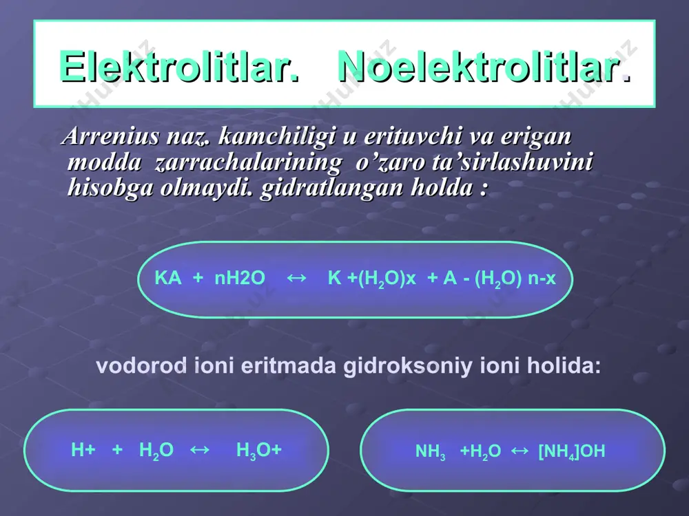 =na2so4+2h2o 2na++2oh-+2h++so42-=2na++so42-+2h2o oh-+h+=h2o (qisq. ionli t.) 2. kuchsiz elektrolitlarning hosil bo’lishi: kcn+hcl=hcn+kcl k++cn-+h++cl-=hcn+k++cl- cn-+h+=hcn 3. yomon eriydigan moddalar hosil bo’lishi: na2co3+cacl2=caco3+2nacl 2na++co32-+ca2++2cl-=caco3+2na++2cl- co32-+ca2+-=caco3 4. cho’kma eritmaga o’tishi. gaz modda hosil bo’lishi kuzatiladi. caco3+2hcl =cacl2+h2o+co2  caco3+2h+ =ca2++h2o+co2  agcl+2nh4oh=[ag(nh3)2]cl+2h2o agcl+2nh4oh=[ag(nh3)2]++cl-+2h2o fes+2hcl=fecl2+h2s fes+2h+=fe2+ +h2s 5. gaz moddalarning hosil bo’lishi: na2so3+2hcl=2nacl+h2o+so2 so32-+2h+ =h2o+so2 6.kompleks birikmalar hosil bo’lsa: cucl2 +4 nh4oh=[cu(nh3)4]cl2+4h2o 2al+6naoh+6h2o=2na3[al(oh)6]+3h2 2al++6oh- +6h2o=[al(oh)6] 3- +3h2 bii3 +ki=k[bii4] bii3 + +i- =[bii4]- ionlar orasidagi reaksiyalar doimo muvozanatda: ch3cooh  ch3coo-+h + kam eriydigan tuz mns(q) xlorid kislotada eritilsa erish jarayoni oson : mns(q) + 2 hcl = mncl2 + h2s mns(q) + 2h+ = mn +2 + h2s ek mns =2,5*10-10 . kh2s=6*10-22 . muvozanat o’nga surilgan. cus va hcl eritmasi orasida: cus(q) + 2hcl = cucl2 + h2s ek cus= 6*10-36 cus hcl da erimaydi. gidroliz reaksiyalaridagi muvozanatni siljishi: fecl3+h2ofeohcl2+hcl fe +3+3cl -+h2o  feoh2 ++2cl-+h ++cl- fe +3+h2o  feoh 2+ …