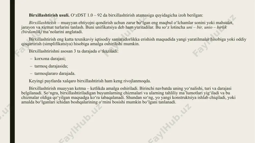 ri va elementlaridan tashkil topgan tekshiruv – o‘lchash asboblarini yaratishda keng qo‘llaniladi. parametrik standartlashtirishning o‘ziga xos xususiyatlari buyumlarning, parametrlarning va o‘lchamlarning turli tumanligi parametrik standartlar bilan reglamentlanadi (cheklanadi). parametrik standartlashtirishni qo‘llash natijasida buyumlarning tartibsiz ravishdagi va ko‘p sonli nomenklaturasining oldi olinadi. bundan tashqari buyumlarni o‘zaro moslash, birxillashtirish uchun imkon yaratiladi, ehtiyot qismlar ta’minotidagi muammolar bartaraf etiladi. parametrik standartlashtirishning mohiyati shundaki, bunda yalpi ishlab chiqariluvchi buyumlarning parametr va o‘lchamlari erkin va o‘z holicha emas, balki, maxsus tanlangan (muloqat) sonlar qatori ya’ni, boshqa sonlarga nisbatan ko‘proq muloqatda bo‘linadigan sonlar qatoriga muvofiq belgilanadi. parametrik standartlashtirish keng tadbiq etilgan. buni oyoq, bosh va boshqa kiyimlarining o‘lchamlarida, boltlarning, gaykalarning o‘lchamlarida va shu kabilarda ko‘rishimiz mumkin. tanlangan sonlarga muayyan matematik qonunlar xos hisoblanadi. masalan, eng oddiy muloqat sonlar qatori arifmetik progressiya asosida tanlanadi. bunda qatordagi bir sonning oldingi va keyingi sonlarga nisbatan bo‘lgan farqi doimo o‘zgarmas bo‘ladi. masalan: a) farqi 1 bo‘lgan ortib boruvchi; 1 – …