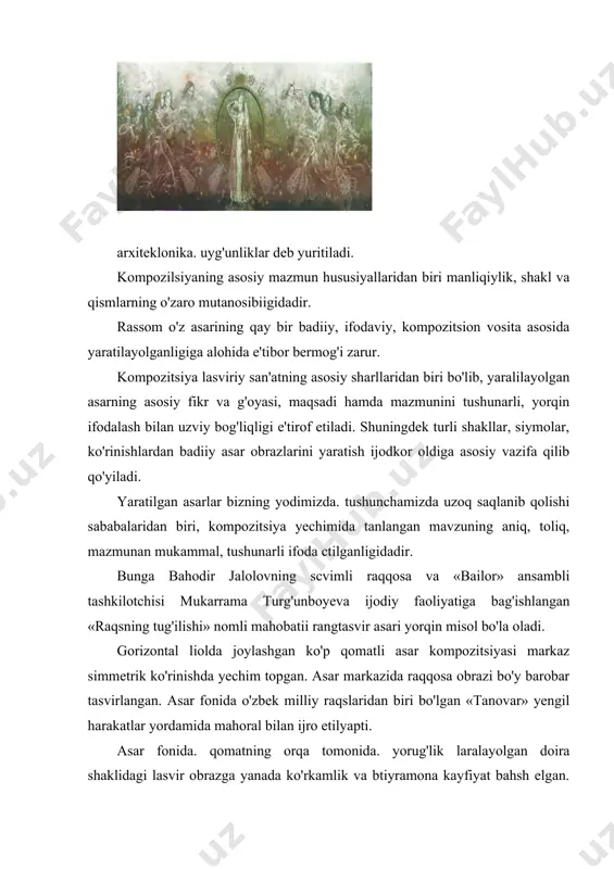 itsiyalar larkibiga kiradigan manzaralar, arxitektura qomadari, tog'lar, adirlar, daryolar, o'simliklar yoki matn parchalari yordamida bir-biridan ajratib bcriladi. ayni vaqtda har bir kompozitsiya o'z mustaqilligini saqlagani holda bir-biri bilan mantiqiy bog'lanib, asar mazmunini ochib beruvchi bir butun polotnoni taahkil qiladi. masalan boburning singlisi xonzodabegim bilan uchrashuvi (2-rasm) to'rt planli qilib bajarilgan. birinchi planda bobur va uning kuzatuvchisi mahammad ko'kaldosh otini xizmatkor ushlab lurgani; ikkinchisida bobur va muhammad ko'kaldoshning xonzodabegim bilan qurayotgan suhbatlari; uchinchisida yuqoridan o'ng tomonda saroy ko'rinishi; lo'rtinchi planda esa hindislon labial manzarasi bcrilgan. kompozitsiya muvozanali to'liqligicha ritm qonuniyati bilan isbotlangandir. inson qomali, hayvonlar, o'simliklar, turli manzaralar tasvirini qog'oz sathiga joylashrtrishda ritmga qat'iy rioyaqilish. rasm ritmi, imo-ishora, harakatlarnijpnli bcra bilish, bo'yoqlardagi ichki monandlik, o'sha davr rassomlariga xos bo'lgan go'zallikni scza bilish fazilallari ifoda ettirilgan. boburnoma asarini asl durdonalardan biriga aylantirgan. v.i.surikovning «boyar ayol morozova» asari tarixiy janrda yaratilgan bo'lib, ko'p qomatli murakkab kompozitsion ycchimda bajarilgan (3-rasm). asar markazidan diagonal ycchim …