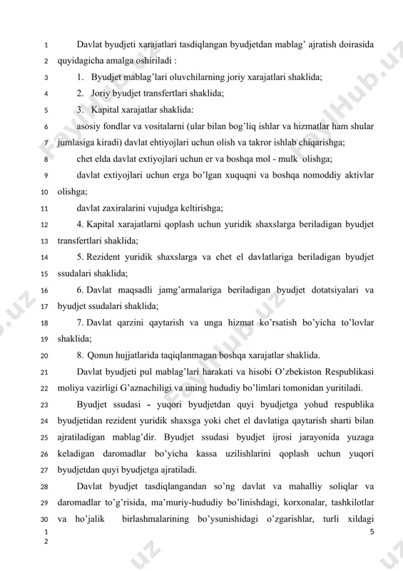 atiga qaytarish sharti bilan ajratiladigan mablag’dir. byudjet ssudasi byudjet ijrosi jarayonida yuzaga keladigan daromadlar bo’yicha kassa uzilishlarini qoplash uchun yuqori byudjetdan quyi byudjetga ajratiladi. davlat byudjet tasdiqlangandan so’ng davlat va mahalliy soliqlar va daromadlar to’g’risida, ma’muriy-hududiy bo’linishdagi, korxonalar, tashkilotlar va ho’jalik birlashmalarining bo’ysunishidagi o’zgarishlar, turli xildagi bo’ysunishidagi qurilish ob’ektlari o’rtasida kapital qo’yilmalar limitlarini qaytadan taqsimlanishdagi o’zgarishlar bo’yicha qabul qilingan yangi qonunlar, o’zbekiston respublikasi hukumatining qarorlari qabul qilinishi natijasida alohida olingan byudjetlarga o’zgarishlar kiritilgan hollarda byudjet ijrosi jarayonida byudjetlar o’rtasida o’zaro hisoblashuvlar amalga oshiriladi. byudjet ijrosi jarayoni natijasi bo’yicha aylanma kassa mablag’lari qoldig’i shakllantiriladi. aylanma kassa mablag’lari bo’yicha me’yor belgilanadi. aylanma kassa mablag’i me’yori - moliya yilida respublika byudjeti qoraqalpog’iston respublikasi byudjeti va mahalliy byudjetlar hisobvaraqlarida turishi mumkin bo’lgan pul mablag’larining qonun hujjatlari bilan belgilanadigan eng kam miqdoridir. byudjet tashkilotlari faoliyati xarajatlari byudjet mablag’lari hisobiga moliyalanadi. shu bilan birgalikda byudjetdan tashqari mablag’lar manbalari bo’yicha shakllantiriladi. byudjet tashkilotlari xarajatlari smeta doirasida xarajatlar …