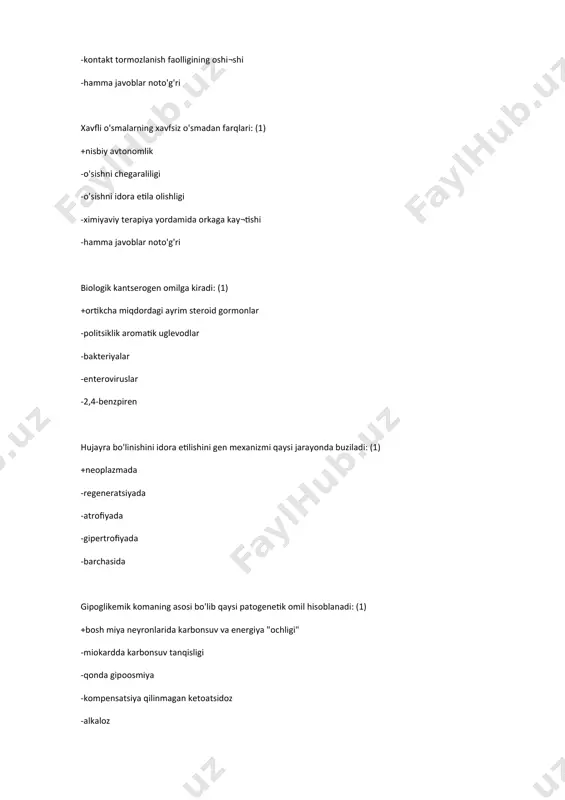 qonda qandning miqdori qanchagacha ortganda giperglikemiyaga bog'liq bo'lgan glyukozuriya kuzatiladi: (1) +11,0 mmol`/l dan yuqori -5,5 mmol`/l dan yuqori -16,0 mmol`/l -7 mmol`/l -4 mmol`/l quydagi sabablarning qaysi biri transport giperlipemiyasini keltirib chiqaradi: (1) +ochlik -jigar patologiyasi -gipoal`buminemiya -yog'lar parchalanishining buzilishi -yog'lar surilishining buzilishi atsidozni rivojlantiruvchi sabablarni ko'rsating: (1) +modda almashinuvining buzilishi, organizmdan nordon metabolitlar chiqarilishining buzilishi -organizmga ko'p miqdorda ishqoriy mahsulotlar kirishi -qayt qilish -glikoproteilar ko'payishi -giperventilyatsiya nefrotik shishga olib keluvchi faktor: (1) +al`buminuriya (proteinuriya) -giperproteinemiya -venalarda gidrodinamik bosimning oshishi -al`dosteron sekretsiyasining oshishi -adg ishlab chiqarilishining kamayishi keltirilgan sabablarning qaysi biri musbat suv balansiga olib keladi: (1) +yurak ishi yetishmovchiligi -qandli diabet -kolit -tireotoksikoz -gastritlar quyida keltirilgan gormonlarning qaysi biri gipoglikemiyani keltirib chikaradi:(1) +insulin -vazopressin -glyukogon -tiroksin -adrenalin qonda qaysi lipidlarning ko'payishi aterosklerozga xos: (1) +betta lipoproteidlar -fosfolipidlar -al`fa – lipoproteidlar -tuyinmagan yog' kislotalari -to'yingan yog' kislotalari qandli diabetda polidipsiya rivojlanishi nimaga bog'liq: (1) +qonning osmotik bosimi ortishiga -qonning …