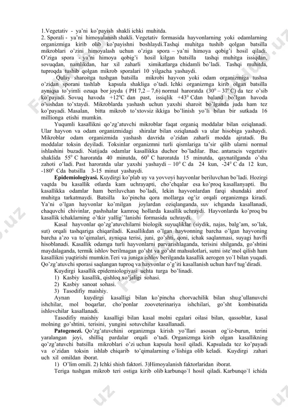 m og’riqli, teri bilan qo’shilmagan, periadinit ko’pincha bo’lmaydi, bubonlar kamdan-kam holda yiringlaydi va ularning tuzalishi ro’y beradi. kasallik belgilari 4-5 sutkalarda oshadi, keyin asta –sekin pasayadi. shunisi borki, yomon natija yoki asoratlar kasallikning xoxlagan fazasida ro’y berishi mumkin. shunday qilib, ikkilamchi o’lat zotiljami kasallikni og’irlashtiradi va infektsiya tarqalishiga havf soladi. og’ir lekin kam uchraydigan asorati meningit hisoblanadi. o’latning birlamchi-septik shakli ham uchraydi(1-3%). bunda teri regionar limfa tugunlari va o’pka zararlanishi bo’lmaydi. terida burga chaqanidan qolgan izlarni topish mumkin. kasallik birdan boshlanadi, qisqa yashirin davr (1 necha soatdan to 1-2 sutkagacha)dan so’ng qaltirash, kuchli bosh og’rishi, mushaklarda og’riq va yuqori harorat xarakterli. bemor ahvoli tez yomonlashadi. qo’zg’alish, vasvasa hatto meningoentsefalit belgilari paydo bo’ladi. umumiy zaharlanishdan tashqari, gemorragik sindrom yaqqol ko’rinadi. qon qo’yilishlar terida, shilliq qavvatlarda, ichki organlarda bo’ladi. gematuriya paydo bo’ladi, qon qusish va ich ketish, burun va o’pkadan qon ketish kuzatiladi. jigar va taloq kattalashgan. bir necha soatdan so’ng infektsion …