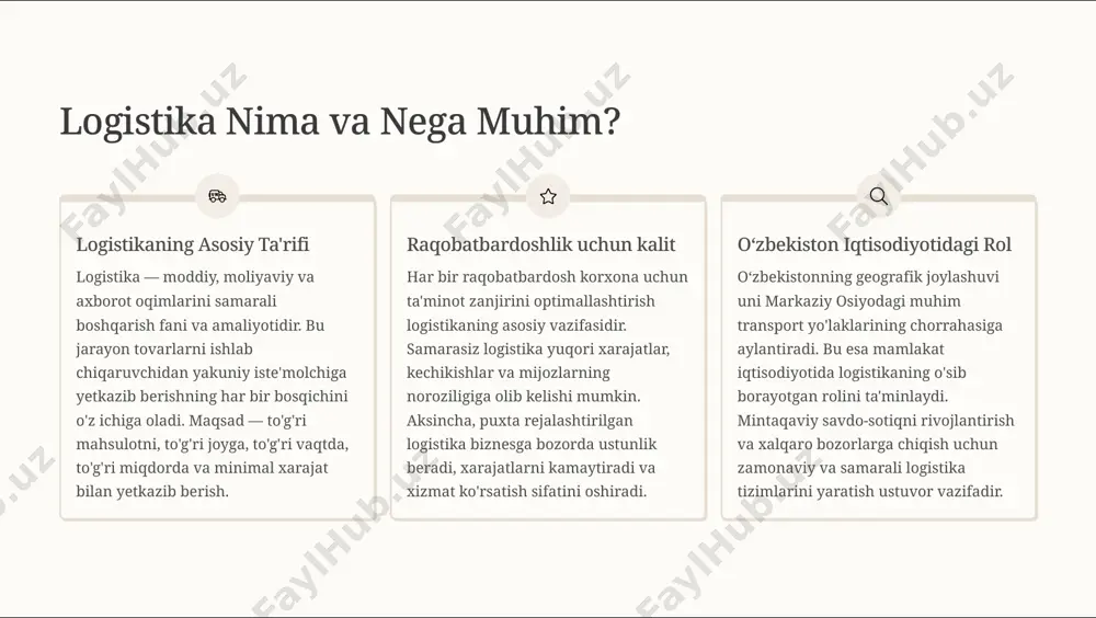 h, ombor, taqsimot va axborot tizimlarini muvofiqlashtirish logistika boshqaruvining markaziy qismidir. har bir bo'limning o'zaro bog'liqligini ta'minlash, jarayonlar o'rtasidagi uzilishlarni kamaytirish va umumiy samaradorlikni oshirish asosiy maqsad hisoblanadi. raqamli platformalar bu jarayonni yengillashtiradi. o8zbekistonning logistika markazlari o8zbekiston toshkent, andijon, termiz, navoiy kabi yirik shaharlarda logistika markazlarini rivojlantirmoqda. bu markazlar yuklarning tranzit yo'nalishlarida saqlash, qayta ishlash va qayta yuklash uchun qulay sharoitlar yaratadi. ularning faoliyati nafaqat mahalliy, balki mintaqaviy savdoni ham qo'llab-quvvatlaydi. transport logistikasi: yo8nalishlar va turlari integratsiyalashgan transport yechimlari transport logistikasi yuklarni har xil transport turlari orqali tashishni o'z ichiga oladi. avtomobil, temiryo'l, havo va ba'zi mintaqalarda dengiz transportining integratsiyasi multimodal tashish tizimlarini yaratadi. bu yechimlar yuklarni optimal tezlik va xarajat bilan yetkazish imkonini beradi. har bir transport turining afzalliklari va kamchiliklari hisobga olinadi. taklog kompaniyasining ekspertizasi taklog kabi kompaniyalar yevropa, mdh va osiyo yo'nalishlarida katta tajribaga ega. ular keng geografik qamrovni taklif qilib, turli mamlakatlar orasida yuk tashishda murakkab …