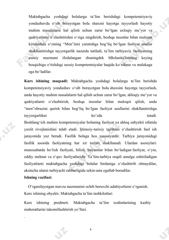rganilayotgan mavzu mazmunini ochib beruvchi adabiyotlarni o’rganish. kurs ishining obyekti. maktabgacha ta’lim tashkilotlari kurs ishining predmeti. maktabgacha ta’lim xodimlarining kasbiy mahoratlarini takomillashtirish yo’llari. . kurs ishining tuzilishi. kirish, 2bob, 5bo’lim, xulosa, tavsiyalar, glosariya va foydalanilgan adabiyotlardan iborat. i bob tarbiyachining pedagogik kompetentsiyasini rivojlantirish usul va yo’llari …………………………………………………………… 1.1 tarbiyachilik konsepsiyasining maqsad va vazifalari tarbiyachilarning malakasini rivojlantirishning turli shakllari va usullari mavjud bo‘lib ularni bosqichma-boqich amalga oshirish mumkin. tarbiyachilar bilan ishlashda malakani rivojlantirishga qaratilgan ko‘plab shakl va usullardan quyidagilarni ajratib ko‘rsatish mumkin: 1.seminar - ijodiy darslar ijodiy fikrlashni rivojlantirish va innovatsion loyihalarni yaratishga qaratilgan. 2.o‘yinlarni modellashtirish. ishbilarmonlik va rol o‘ynash o‘yinlari haqiqiy jarayonni modellashtirishni o‘z ichiga oladi, bu davrda sun’iy ravishda yaratilgan pedagogik vaziyatlarni tahlil qilish asosida maqbul kasbiy qarorlar qabul qilinadi. 3.kollektiv muammolarni hal qilish, guruh muhokamasi yoki aqliy hujum; kasbiy mahoratni oshirish uchun kichik guruhlarda treninglar; o‘z-o‘zini tarbiyalash ishlarining usullari, maktabgacha ta’lim muassasasining innovatsion faoliyati natijalariga bag‘ishlangan ilmiy va …