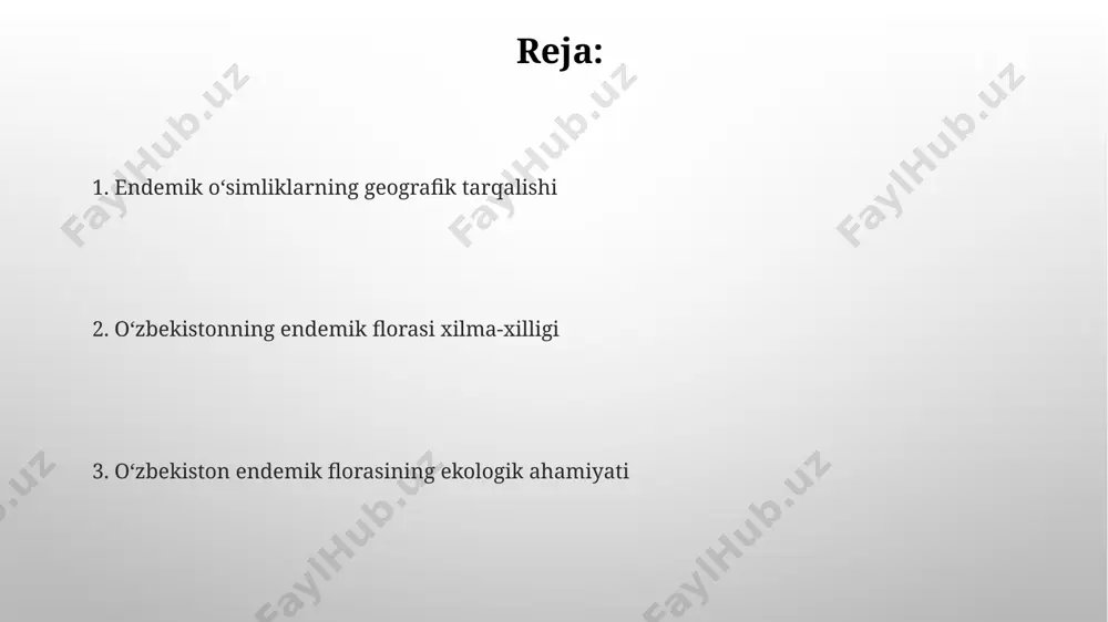 emik oʻsimlik turlarining genetik xilma-xilligi va ularning namangan viloyati togʻli hududlaridagi tarqalishini batafsil oʻrganish zarur. qizil kitobga kiritilgan 50 ga yaqin endemik oʻsimlik turining tabiiy populyatsiyalarini saqlash va ularning chorvoq suv ombori atrofidagi ekologik muhitga moslashuvchanligini oʻrganish muhimdir. endemik oʻsimliklarning ekologiyasi va muhofazasi “qizil kitob” ga kiritilgan 100 dan ortiq endemik oʻsimlik turi, ularning yashash joylarini muhofaza qilish va sunʼiy koʻpaytirish orqali saqlab qolishga muhtoj. endemik oʻsimliklarning 30% dan ortigʻi, chala choʻl va choʻl sharoitlariga moslashgan boʻlib, tuproq eroziyasi va suv resurslarining kamayishi ularning soniga salbiy taʼsir koʻrsatmoqda. endemik oʻsimliklarni oʻrganishning zamonaviy usullari oʻzbekistonning 1500 dan ortiq endemik oʻsimlik turlarini aniqlashda dnk barmoq izi texnologiyasi va filogenetik tahlillar keng qoʻllanilmoqda, xususan, qoraqalpogʻiston respublikasi florasini oʻrganishda. geografik axborot tizimlari (gis) yordamida endemik oʻsimliklarning tarqalish xaritalari tuzilmoqda, masalan, 50 ga yaqin noyob tur uchun buxoro viloyatida batafsil xaritalar yaratildi. e'tiboringiz uchun rahmat @taqdimot_robot image3.png image4.jpg image5.jpg image6.jpg image7.jpg image8.jpg image9.jpg image10.jpg image1.png