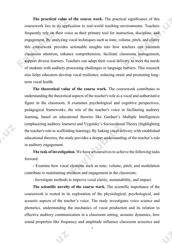 gs. its implications extend to improving classroom practices, enhancing teacher training, and fostering research in education and communication science. the structure of the course work. the course work consists of introduction, 2 chapters, conclusion and list of used literature as well as the internet recourses. introduction has general information about the problem, reveals the aim, duties, methods of the work. each chapter consists of smaller parts and paragraphs and contains important information and salvation of the pointed duties of the work. chapter i. relevance of auditory control in classroom management 1.1. importance of the teacher’s voice in education the teacher’s voice plays a critical role in the educational experience. it goes beyond just conveying information it shapes the classroom environment, influences student engagement, and fosters emotional and intellectual growth. the teacher's voice is essential for transmitting knowledge. it is through clear, effective communication that teachers present new concepts, explain complex …