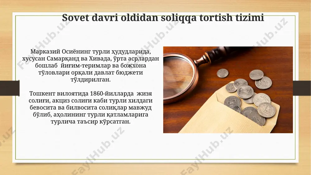 davlat byudjeti daromadlarini oshirish maqsadida, andijon viloyati kabi qishloq xo'jaligiga boy hududlarda ham ko'paytirildi. soliq nazorati va auditining rivojlanishi soliq nazorati tizimi 1990-yillarning boshlarida, mustaqillikdan keyin, asosan deklarativ usulga asoslangan holda shakllandi, bu esa soliqqa tortish samaradorligining pastligiga olib keldi va toshkentda keng miqyosli tekshiruvlarni talab qildi. davlat soliq xizmati tomonidan 2010-yildan keyin 500 dan ortiq korxonalarda o'tkazilgan keng ko'lamli soliq tekshiruvlari natijasida, andijon viloyatida soliq tusumlarining sezilarli darajada o'sishi kuzatildi. mustaqillikdan keyingi soliq islohotlari 2010-yillardan boshlab, oʻzbekiston iqtisodiyotini diversifikatsiya qilish va xususiy sektorning rivojlanishini ragʻbatlantirish maqsadida, soliq stavkalari pasaytirildi va soliq imtiyozlari soni koʻpaytirildi, bu esa andijon va samarqand viloyatlaridagi kichik va oʻrta biznes sub'ektlariga ijobiy ta'sir koʻrsatdi. mustaqillikdan keyingi dastlabki yillarda, 1991-1995 yillar oraligʻida, oʻzbekistonda soliq tizimi tubdan oʻzgartirilib, koʻplab yangi soliqlar, jumladan, qoʻshilgan qiymat soligʻi (qoʻshilgan qiymat soligʻi) va daromad soligʻi joriy etildi. foyda solig'i tarixi foyda solig'i to'g'risidagi qonunchilik 2010-yildan keyin soliq ma'muriyatini soddalashtirish va korrupsiyani …