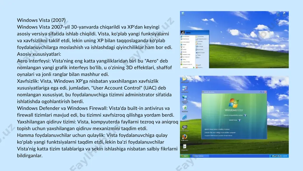 di. 📅 chiqarilish sanasi: windows 8.1 -— microsoft tomonidan ishlab chiqarilgan bo'lib, windows 8 uchun yang.uchun yangilangan versiya. u 2013-yil 17-oktabrda rasmrasmiy ravish chiqarildi. windows 8 foydalanuvchilari uchun bepul yangilanish .​​​tarzda taqdim etilgan. 🧩 yaratilish sababi: o'rnatilgan tan​windows 8 chiqgach, jiddiy ko'plab tanqidlar bo'lgan, ayniqsa an'anaviy "start" menyusining yo'qligi sababli .tufayli. windows 8.1 foydalanuvchilarning olgan qo'shimchalarini inobatga holda va foydalanuvchilarni yaxshilashga yordam beradi. 🔧 asosiy o'zgarishlar va ishlab chiqarish: start tugmasi qayta qo'shilgan (lekin klassik emas, metro interfeysga olib boradi). kompyuterni to'ridan-to'g'ri ish stoliga yuklash yuklab . ilovalarni yonma-yon bajarish (snap funksiyasi) yaxshilandi. onedrive (bulutli xotira) chuqur integratsiyalashgan. internet explorer 11 brauzeri. yagona hisoblash tizimi : lokal va onlayn hisob (bing orqali). yangi jihozni qo'llab-quvvatlash : yuqori aniqlikdagi ekranlar, 3d printerlar, wi-fi direct, miracast. 🔒 qo'llab-quvvatlash muddati: asosiy qo'llab-quvvatlash: 2018-yil 9-yanvargacha . kengaytirilgan (xavfsizlik) qo'llab-quvvatlash: 2023-yil 10-yanvargacha . 🧭 o'rni va ta'siri: ko'pchilik tomonidan windows 10 chiqishi bilan sekinlik bilan …