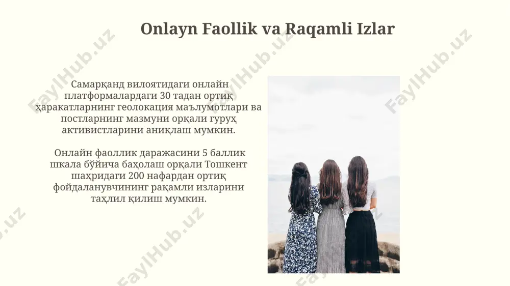. жамоатчилик ташаббусларининг ҳуқуқий асосларини белгиловчи 1992 йилда қабул қилинган “жамоат бирлашмалари тўғрисида”ги ўзбекистон республикаси қонуни, 2-бобида фаолларнинг ҳаракатларини тартибга солувчи нормаларни ўз ичига олади. e'tiboringiz uchun rahmat @taqdimot_robot image2.jpg image3.jpg image4.jpg image5.jpg image6.jpg image7.jpg image8.jpg image9.jpg image10.jpg