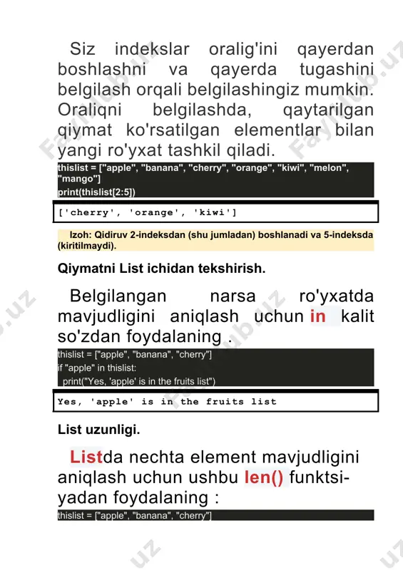 usuldan foydalanishingiz mumkin : 1- extend()ro'yxat oxiriga list2 list1 = ["a", "b" , "c"] list2 = [1, 2, 3] ​ list1.extend(list2) print(list1) 2.malumotlar to’plamlari turlari .items() metodi ushbu metod yordamida lug'at ichidagi barcha kalit-qiymat juftliklarini ko'rishimiz mumkin. talaba_0 = { 'ism':'alijon', 'familiya':'shamshiyev', 'yosh':22, 'fakultet':'matematika', 'kurs':4 } print(talaba_0.items()) natija: dict_items([('ism', 'alijon'), ('familiya', 'shamshiyev'), ('yosh', 22), ('fakultet', 'matematika'), ('kurs', 4)]) bu metodni to'g'ridan-to'g'ri emas, for tsikli yordamida chaqirish orqali lug'atdagi barcha elementlarni tushunarliroq shaklda ko'rishimiz mumkin. for kalit, qiymat in talaba_0.items(): print(f"kalit: {kalit}") print(f"qiymat: {qiymat} \n") natija yuoqirdagi kodda, talaba_0 lug'atidagi har bir kalit va qiymat juftligini konslga chiqardik. e'tibor bering, for tsiklida biz bir emas ikkita o'zgaruvchi yaratib oldik (kalit va qiymat). bu usul ba'zi lug'atlardagi ma'lumotlarni chiroyli ko'rinishda chiqarish uchun juda qo'l keladi. telefonlar = { 'ali':'iphone x', 'vali':'galaxy s9', 'olim':'mi 10 pro', 'orif':'nokia 3310' } for k, q in telefonlar.items(): print(f"{k.title()}ning telefoni {q}") natija .keys() metodi 3.pythonda to’plarning vazifasi …