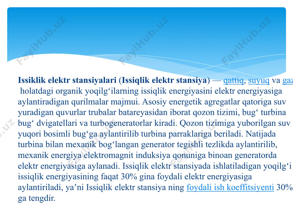 es elektr sxemalarida xavfsizlikni ta'minlash uchun quyidagi himoya vositalari ishlatiladi: rele himoyasi: turbinaning nosoz ishlashini oldini olish uchun. izolyatsiya monitoring tizimi: o'tkazgichlar va transformatorlarning ishonchliligini ta'minlash uchun. energiya oqimi yo'nalishi: energiya generatordan iste'molchiga uzatilishini ko'rsatadi. foydali ish koeffitsiyenti qiymatini oshirish maqsadida qozondagi bugʻ bosimi iloji boricha yuqori qilinadi va turbina parraklaridan oʻtib, ish bajarib boʻlgan bugʻning hammasi sovitkichlar vositasida sovitilib, qayta suvga aylantiriladi (kondensatlanadi) va qozon tizimiga yuboriladi. bunday issiqlik elektr stansiyani kondensatsiyey elektr stansiyalari (kes) deyiladi va ularda foydali ish koeffitsiyenti qiymati h=30—35% gacha koʻtcariladi hamda suv berk tizimda aylanishi sababli kuvurlar batareyalaridan iborat qozonni taʼmirlash ishlari keskin qisqaradi. issiqlik elektr stansiyalar, odatda, qattiq, suyuq yoki gaz holatdagi arzon yoqilgʻi koni yaqinida quriladi. stansiya generatorlaridan olingan elektr energiyasining asosiy qismi bir necha 100 km masofadagi isteʼmolchilarga kuchaytiruvchi transformator va yuqori voltli elektr uzatish liniyalari vositasida yetkaziladi, qolgan qismi esa stansiyaning oʻz generator kuchlanishida yoki pasaytiruvchi transformator orqali beriladi "iem …