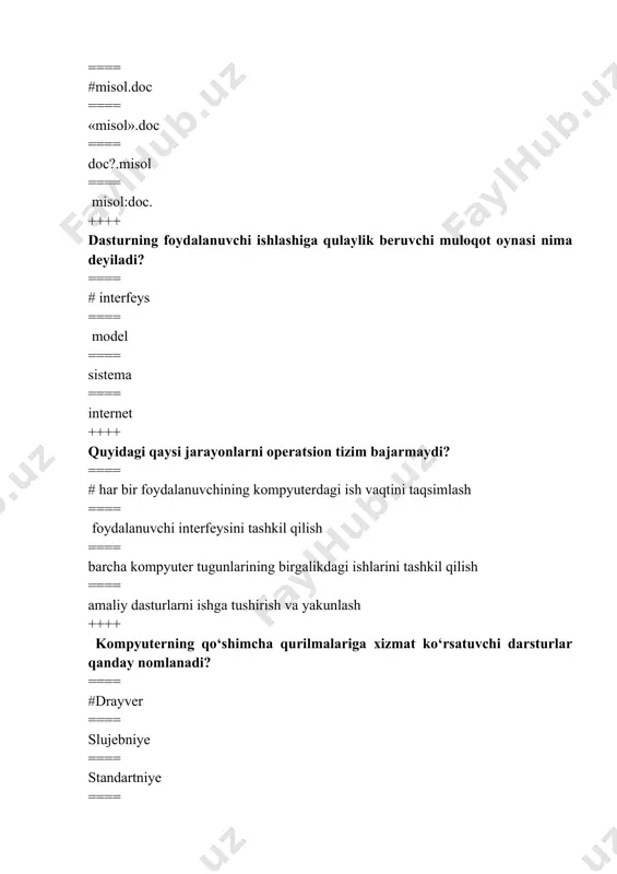 === istalgan manbalardan keladigan ma’lumotlardan foydalanish ishlov berish va yaratish bilan bog‘liq bo‘lgan sub’ektlarning faoliyat sohasi ==== cheklanmagan shaxslar doirasiga mo‘ljallangan bosma, audio va boshqa xabar va materiallar ++++ axborotning eng kichik o‘lchov birligi nima? ==== #bit ==== bayt ==== kbayt ==== 8 bit ++++ qaysi sanoq sistemasida quyidagi tenglik to‘g‘ri: 56+77=155? ==== #8 16 12 9 ++++ с++ dasturlash tilining alfaviti qaysi javobda to’liq keltirilgan? ==== #harf, maxsus belgi va raqamlar ==== raqam, tinish belgilari, lotin alfaviti harflari, arifmetik amallar ==== kirill harflari, rim raqamlari va matematik belgilar ==== harf, raqam, ajratkichlar, tinish belgilar ++++ c++ dasturlash tilida matematik standart funksiyalardan foydalanish uchun qanday nomdagi kutubxona kalit so'zidan foydalaniladi? ==== #math.h yoki cmath ==== matematic ==== graph yoki cmath ==== cmath yoki math ++++ a sonining kubini c++dasturida tozing. ==== #pow(a,3) ==== abc(a*a*a) ==== log(a,3) ==== exp(a,3) ++++ c++ da cout <<“salom” buyrug`idan keyin ekranga nima chiqadi? ==== #salom …