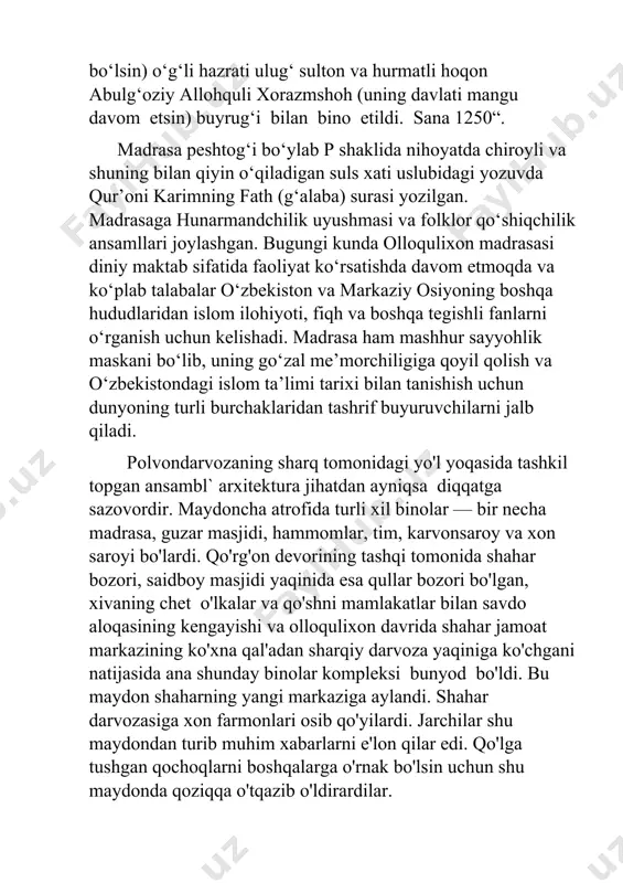 chada 1834 yilni ko'rsatgan yozuv bor edi. madrasa tim bitgandan so'ng qurila boshlagan bo'lsa kerak. uch tomoni turli bino devorlari bilan o'ralgan maydonchaga madrasa qurish va uning fasadini g'arb tomondagi baland shahar devori va xo'jamberdibiy madrasasiga qaratib ishlash binokor ustalardan katta tajriba va mahorat talab etgan. qurilishni boshlashdan ilgari xo'jamberdibiy madrasasiga yondoshgan shahar devorining bir qismi va polvondarvoza gumbazlaridan bir nechasi buzib tashlandi.paxsa va g'isht devor qoldiqlari tekislanib, uning ustiga madrasaning peshtog'i tiklandi. bu peshtoq madrasa qarshisidagi peshtoq shakliga o'xshatib olingan edi (19-rasm). natijada qo'sh madrasa hosil bo'ldi. sun'iy ravishda qilingan, balandligi 3 metr tepalik olloqulixon madrasasini qo'shni xo'jamberdibiy madrasasining pastak gumbazlaridan ancha yuqoriga ko'tarishga va natijada ichkariga shahar tarafdan o'tishga imkon berdi. madrasaninghovli qismi ham boshqacharoq ko'rinishga ega: ikki qavatli hujralar qatori polvon-darvozaning kichik gumbazlari ustiga va qisman tim gumbazlari cheqkasiga joylashgan. madrasa plani va fasadining tuzilishi umuman odatdagidek bo'lsa ham, lekin ba'zi joylarida muntazamlik buzilgan. natijada hovli sahni …