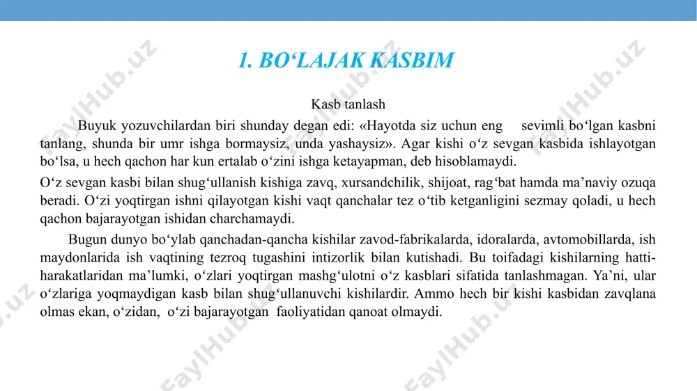 ketdik. voy, chopib ketayapti-ku! – ot bo‘lgandan keyin chopadi-da. qo‘rqma, tezroq haydayver. zulfiya haqiqiy aravakashlarga o‘xshatib: – no-o-o! jonivor, no-o-o! – dedi. ot qattiqroq chopa boshlaydi. – qani, men olay, – sobir cholning qo‘lidan chelakni oldi. – o‘h-ho‘! muncha muzdek? – quduqning suvi-da, – dedi nazir ota g‘urur bilan. – tag‘in meshda olib keldim. ko‘p ichmang, o‘g‘lim, tomoq og‘rig‘i bo‘lib qolasiz. “fakultet kutubxonasida” mavzusida dialog tuzing. tayanch so‘zlar: kutubxonachi, o‘quv zali (qiroatxona), kitoblar javoni, ilmiy va badiiy kitoblar, darslik va qo‘llanmalar, osoyishtalik. suhbat matni men tanlagan kasb men maktabda o‘qib yurganimdayoq adabiyot faniga juda qiziqardim. badiiy asarlarni, shoir va yozuvchilarning hayoti va ijodi haqidagi kitoblarni ishtiyoq bilan o‘qir edim. mana hozir o‘zbekiston milliy universitetining filologiya fakultetida o‘qiyapman. biz o‘rganayotgan fanlar juda qiziqarli: adabiyot tarixi, folklor, tilshunoslik, tarjima nazariyasi va boshqalar. kelajakda men yaxshi mutaxassis bo‘lishni istayman. adabiyotshunoslikning ochilmagan sahifalarini o‘rganishni orzu qilaman. o‘zbek adabiyotining nodir durdonalarini jahon tillariga tarjima qilishni, …