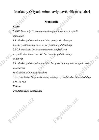 markaziy osiyoda mintaqaviy xavfsizlik masalalari — DOCX