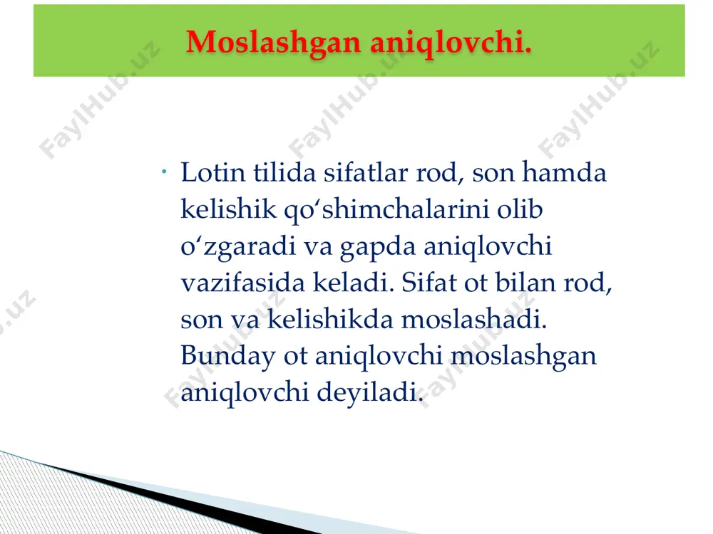 hamda uchinchi guruhlarda turlanuvchi otlar bilan rodda, sonda va kelishiklarda moslashuvi. ikkinchi guruh sifatlari birinchi, ikkinchi va uchinchi guruhlarda turlanuvchi otlar bilan rodda, sonda va kelishiklarda moslashadi, lekin kelishiklar bo‘yicha turlanganda qo‘shimchalari har xil bo‘ladi. masalan: 1. tinctura simplex — oddiy spirtli eritma: tinctura, ae, f — spirtli eritma, simplex, icis — oddiy casus singularis pluralis nominativus morbus gravis morbi graves genetivus morbi gravis morborum gravium accusativus morbum gravem morbos graves ablativus morbo gravi morbis gravibus ikkinchi guruh sifatlarining birinchi, ikkinchi hamda uchinchi guruhlarda turlanuvchi otlar bilan rodda, sonda va kelishiklarda moslashuvi. 2. morbus gravis — og‘ir kasallik: morbus, i, m — kasallik, gravis, e — og‘ir ikkinchi guruh sifatlarining birinchi, ikkinchi hamda uchinchi guruhlarda turlanuvchi otlar bilan rodda, sonda va kelishiklarda moslashuvi. 3. pars aequalis — teng qism: pars, partis, f — qism, aequalis, e — teng casus singularis pluralis nominativus pars aequalis partes aequales genetivus partis aequalis partium …
