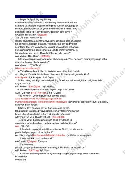 yetuklik davrining psixologik xususiyatlari — DOC
