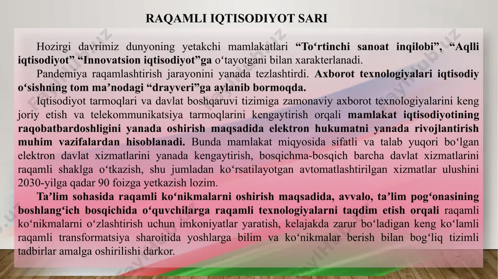 iqlashtirish va samaradorligini yanada oshirish maqsadida “tuman (shahar) — viloyat — respublika” tamoyili asosida ularga amaliy va uslubiy yordam koʻrsatish hamda faoliyatini nazorat qilish boʻyicha hokimliklar, prokuratura, ichki ishlar va soliq idoralarida joriy etilgan vertikal boshqaruv tizimini takomillashtirish; hududlarning ijtimoiy-iqtisodiy holatini oʻrganish natijalari boʻyicha respublika darajasida yechiladigan muammolarni hal etishga doir chora-tadbirlar ishlab chiqilishi hamda amalga oshirilishini tashkil etish; har bir hududda aniqlangan muammolarni hal etish boʻyicha hududiy va respublika “yoʻl xaritalari ishlab chiqilishi hamda amalga oshirilishini tashkil etish, ularda nazarda tutilgan tadbirlar samaradorligini oshirish boʻyicha qoʻshimcha choralar belgilash; hududlarni kompleks ijtimoiy-iqtisodiy rivojlantirish boʻyicha manzilli topshiriqlar belgilash hamda ularning ijrosi ustidan tizimli nazoratni amalga oshirish. yangi oʻzbekistonni barpo etishda quyidagilar turizmni rivojlantirish boʻyicha strategik vazifalar sifatida belgilandi: turizm tarmog‘ini jadal rivojlantirish, turizm sohasini boshqarish tizimini takomillashtirish; turizm sohasida viza, litsenziya berish va ruxsat olish tartib-taomillarini soddalashtirish; xorijiy investitsiyalar, jahon brendlarini faol jalb qilish, turizm sohasida biznes yuritish uchun qulay shart-sharoitlar …