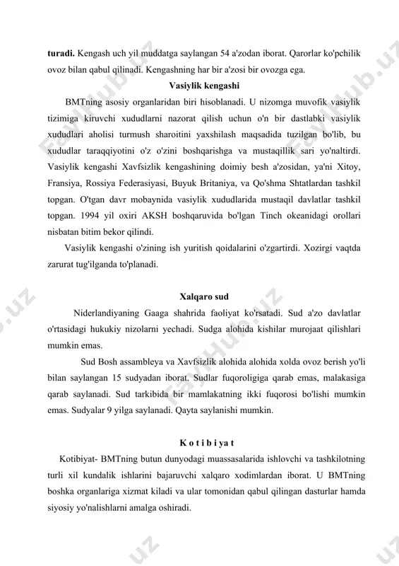 cha 6. butros butros goli( misr) 1992 y 01- 1996 y 12 gacha 7. kofi annan ( gana) – 1997 y 01 dan. 3. mustaqil o'zbekistonning bmtga qabul qilinishi, uning tarixiy ahamiyati. 1992 yil 2 martda o'zbekiston respublikasi o'z tarixida birinchi bor xalqaro hamjamiyatning teng huquqli sub'yekti sifatida birlashgan millatlar tashkilotiga qabul qilindi. bu tarixiy voqea o'zbekistonning mustaqil davlat sifatida xalqaro hamjamiyatdan munosib urin olishida katta ahamiyatga ega bo'ldi. markaziy osiyoda xavfsizlik, barqarorlik va hamkorlik masalalari bo'yicha bmtning toshkentda doimiy ishlovchi seminari chaqirish, tojikiston va afg'oniston mojorolari, narkobiznesga qarshi kurashishni kuchaytirish, orol muommosini xal etish va boshqa masalalar bo'yicha bir qator takliflarni o'rtaga qo'ydi. o'zbekiston prezidentining asosli muloxazalari bu nufuzli tashkilot tomonidan inobatga olinib, 1993 yil fevral oyida toshkentda bmt vakolat xonasi ta'sis etilib, ish boshladi. xolid malik bmtning o'zbekistondagi vakili qilib yuborildi. bugungi kunda birlashgan millatlar tashkilotining o'zbekistondagi vakolatxonasi respublikada bmtning taraqqiyot dasturi, sanoat taraqqiyoti dasturi, qochoqlar ishi bo'yicha …