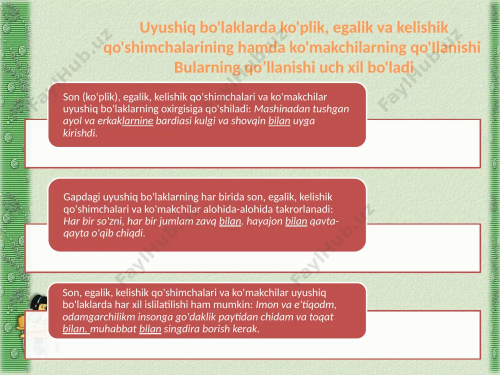 qiladi: tomlardan, ivigan devorlardan bug' ко'tarda boshladi. (s.a.) daryo goh shovqin solib, goh tinch oqar edi. u dam hazil bilan, dam jiddiy so 'rardi. bir sodda gap tarkibida yonma-yon, qator kelgan bir necha payt holi hamma vaqt uyushiq bo'lavermaydi. masalan, u kecha ertalab biznikiga kelib ketdi gapida ikkita payt holi (kecha, ertalab) bor. lekin ular uyushiq emas: bundagi ertalab holi kecha holi ma'nosidagi paytni chegaralab, aniqlashtirib beradi uyushiq to’ldiruvchi. uyushiq aniqlovchi gapdagi ikki va undan ortiq to'ldiruvchi bir xil ma'noni (shaxsni yoki narsani) bildirib, bir xil shaklda (kelishik shaklida yoki ko'makchi bilan) kelsa va sanash ohangiga ega bo'lsa, bular uyushiq to'ldiruvchilardii: taram-taram olmalarni, asl nashvatilarni, jio'sii yupqa luchchakshaftolilarni, quymoqqa o'xshash anjirlami aytmaysizmi, baybay. (o.) наr xil ma'noni bildirgan, turli shakllarda kelgari to'ldlruvchller uyushiq hisoblanavermaydi. masalan, bu daftarni senga oltttm gapldagl daftarni va senga to'ldiravchilari uyushmagan. chunki ularnlng birl (daftarni) narsa-buyum ma'nosini, ikkinchisi (senga) atalganllk ma'nosini ifodalaydi. narsa-buyumlarning bir turdagi belgilari …