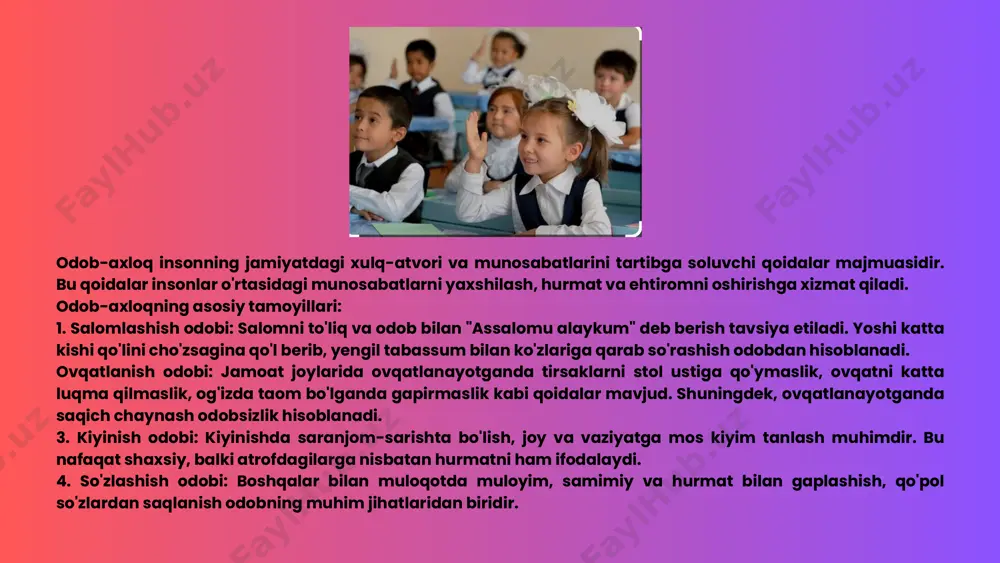 ini tashkil etish. • seminar va treninglar: huquqiy mavzularda seminarlar va treninglarda ishtirok etish. • resurslardan foydalanish: huquqiy adabiyotlar, maqolalar va onlayn kurslardan foydalanish. • amaliy mashg'ulotlar: huquqiy masalalar bo'yicha amaliy mashg'ulotlar o'tkazish. savodxonlikni oshirish orqali fuqarolar o'z huquq va majburiyatlarini yaxshiroq anglab, jamiyatda qonuniylik va adolatni ta'minlashga hissa qo'shadilar. yo'l harakati qoidalari (yhq) transport vositalari va piyodalarning yo'llarda xavfsiz va tartibli harakatlanishini ta'minlash uchun belgilangan qoidalar to'plamidir. o'zbekistonda yhqga rioya qilish barcha yo'l harakati ishtirokchilari uchun majburiydir. asosiy tushunchalar: • yo'l: transport vositalari va piyodalarning harakati uchun mo'ljallangan yoki moslashtirilgan yer bo'lagi yoki sun'iy inshoot yuzasi. yo'l avtomobil va shahar elektr transporti yo'llarini hamda trotuarlarni o'z ichiga oladi. • qatnov qismi: relssiz transport vositalari harakati uchun mo'ljallangan yo'lning qismi. yo'lda bir nechta qatnov qismi bo'lishi mumkin, ular ajratuvchi bo'laklar bilan bo'linadi. harakatlanish bo'lagi: avtomobillarning bir qator bo'lib harakatlanishi uchun yetarlicha keng bo'lgan, yo'l chiziqlari bilan belgilangan yoki belgilanmagan yo'l …